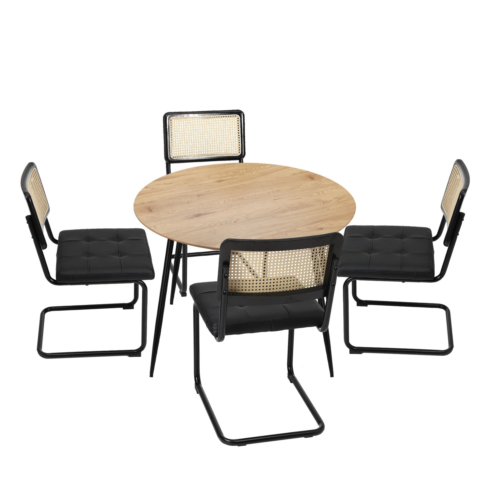 Oikiture 110cm Round Dining Table with 4PCS Dining Chairs Leather Padded Black - Sunyee