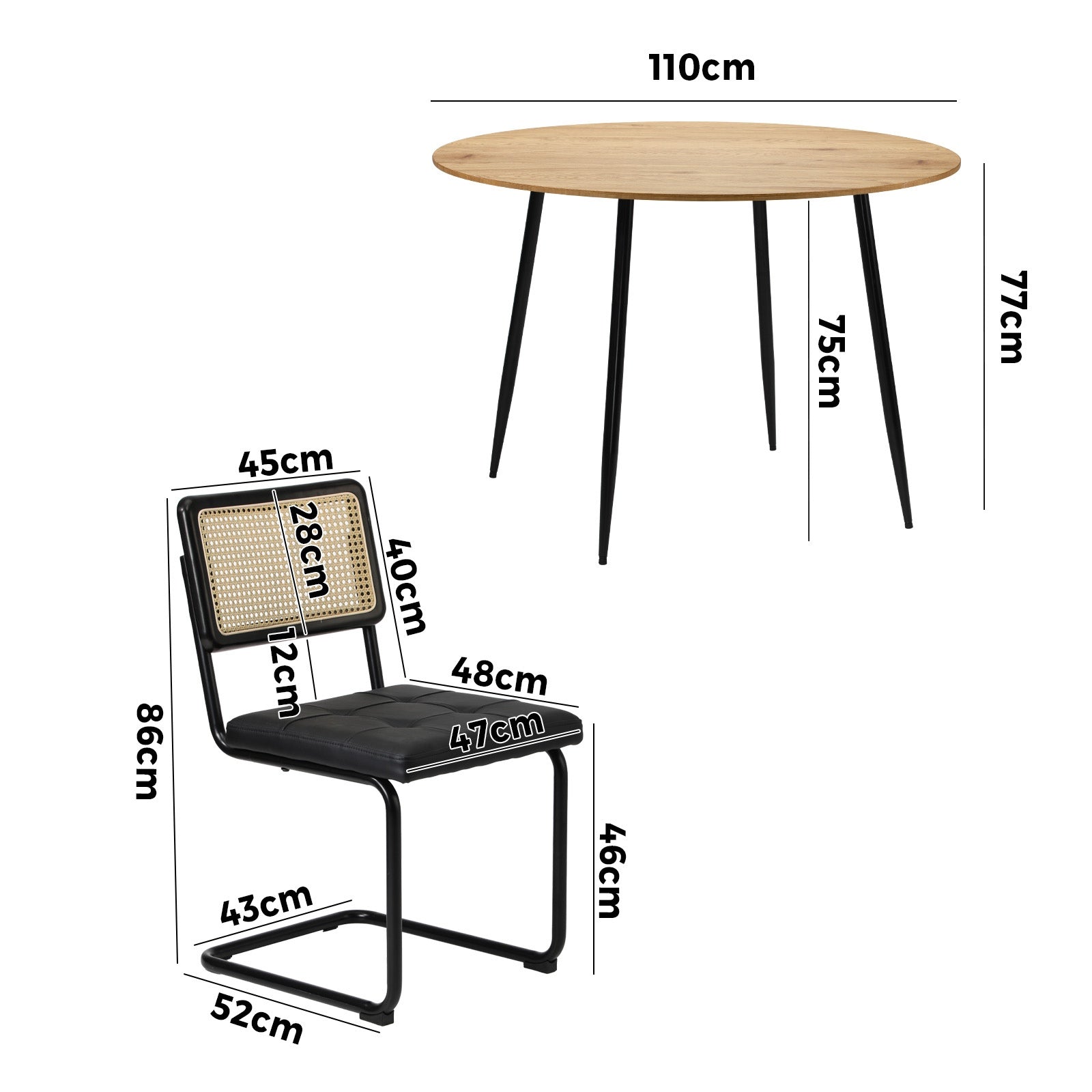 Oikiture 110cm Round Dining Table with 4PCS Dining Chairs Leather Padded Black - Sunyee