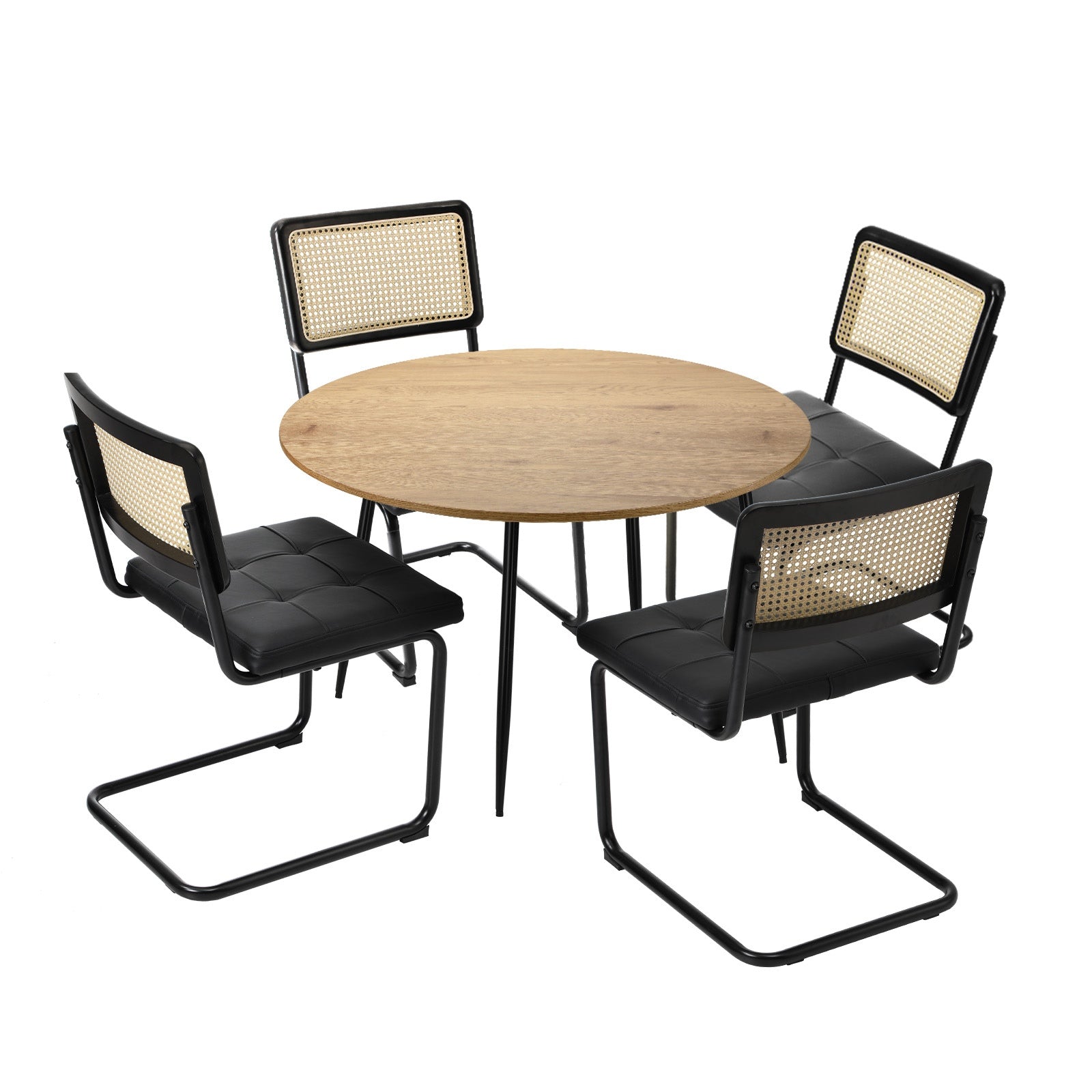 Oikiture 110cm Round Dining Table with 4PCS Dining Chairs Leather Padded Black - Sunyee