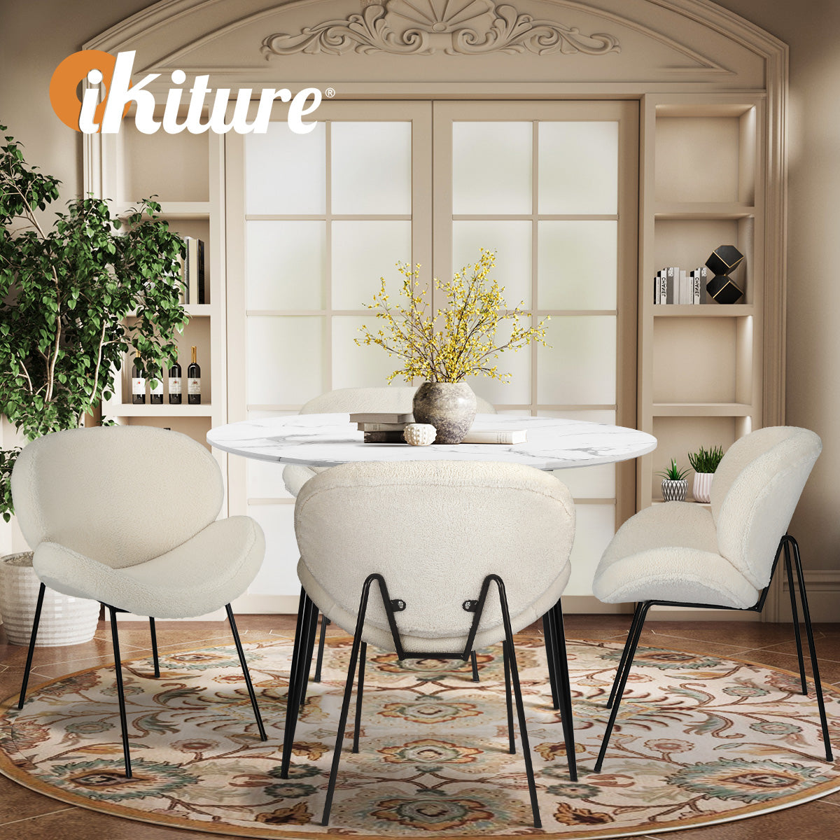 Oikiture 110cm Round Dining Table with 4PCS Dining Chairs White Sherpa - Sunyee