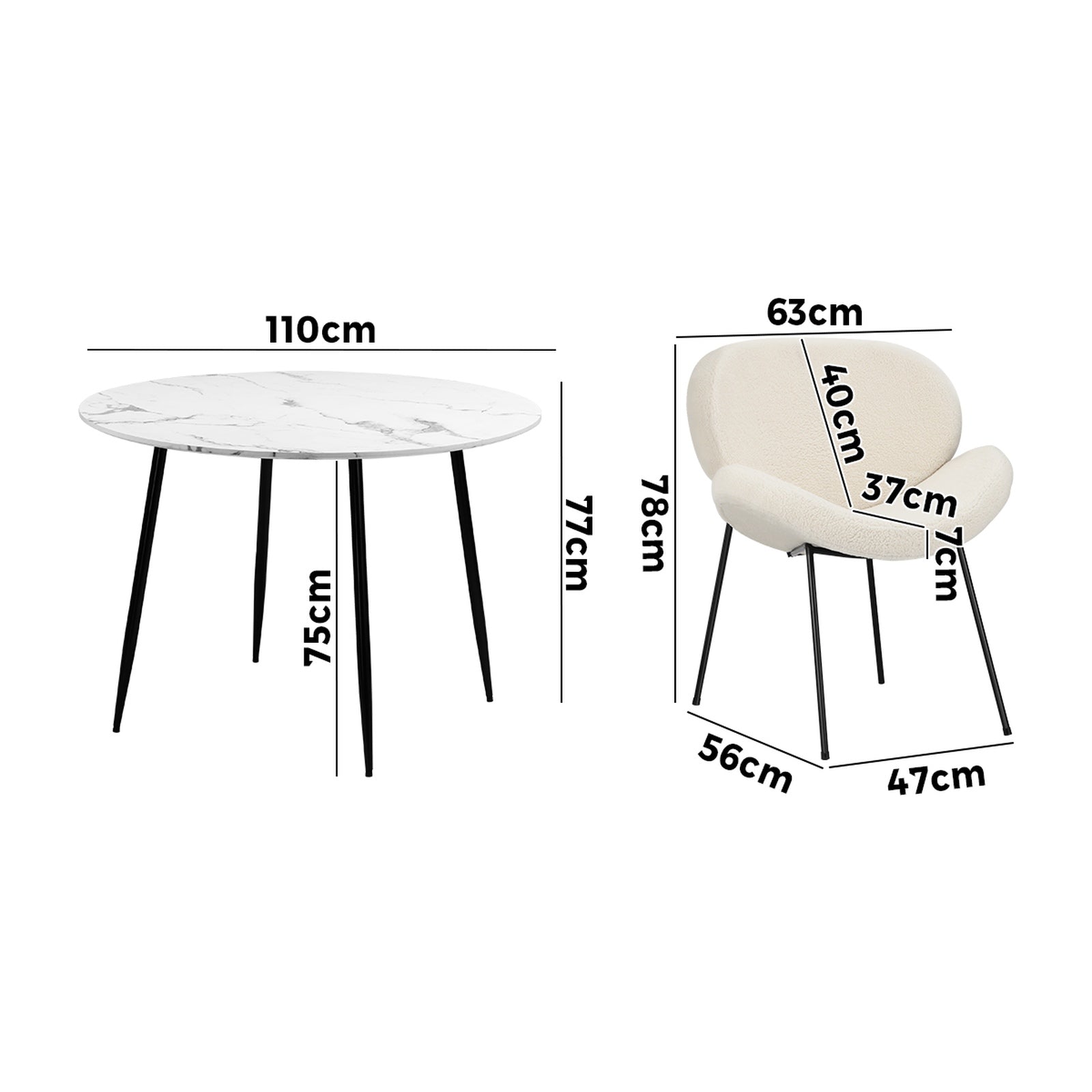 Oikiture 110cm Round Dining Table with 4PCS Dining Chairs White Sherpa - Sunyee