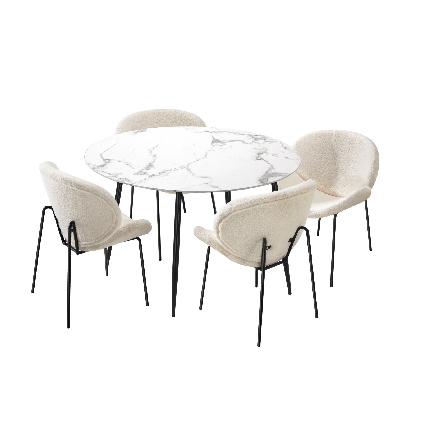 Oikiture 110cm Round Dining Table with 4PCS Dining Chairs White Sherpa - Sunyee