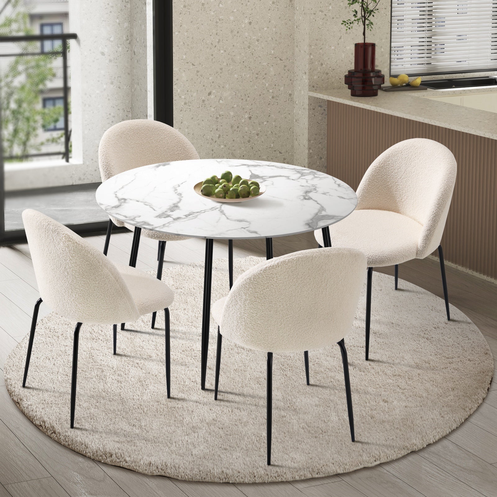 Oikiture 110cm Round Dining Table with 4PCS Dining Chairs White Sherpa - Sunyee