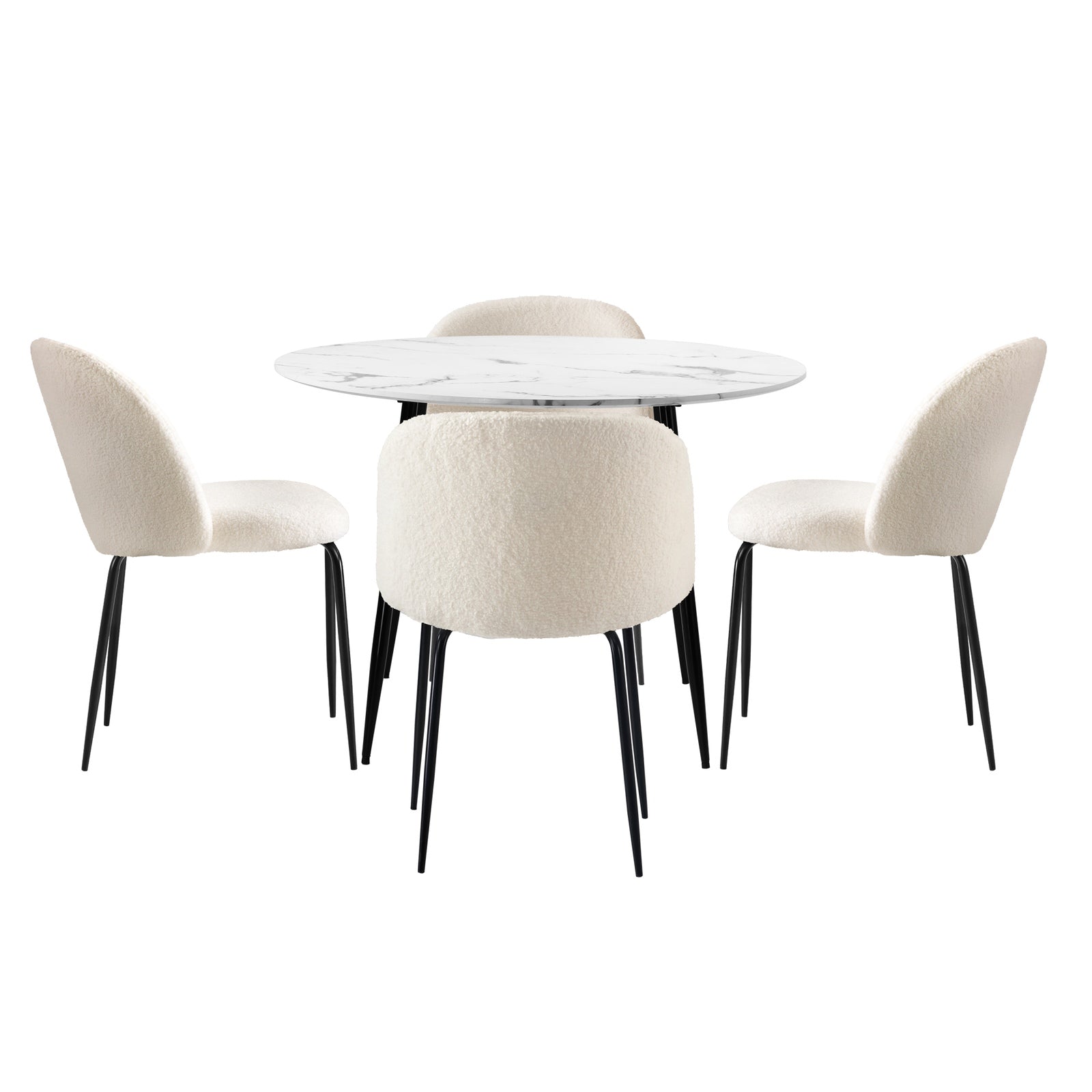 Oikiture 110cm Round Dining Table with 4PCS Dining Chairs White Sherpa - Sunyee