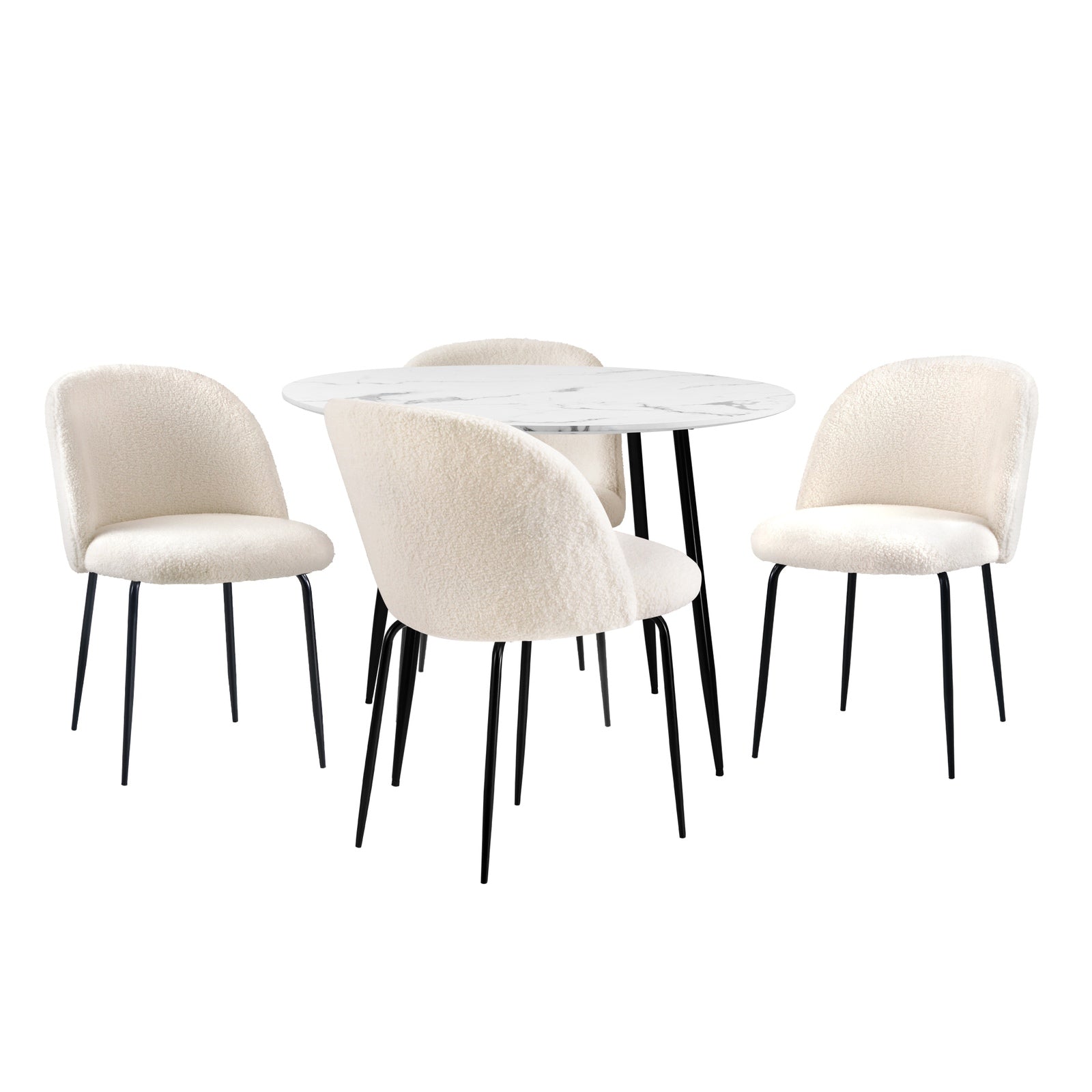Oikiture 110cm Round Dining Table with 4PCS Dining Chairs White Sherpa - Sunyee