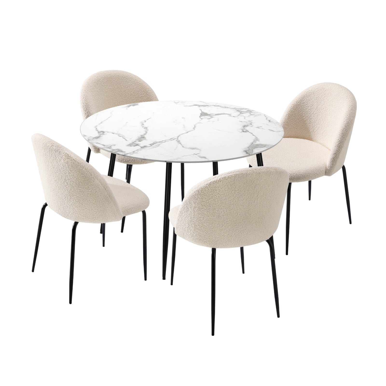 Oikiture 110cm Round Dining Table with 4PCS Dining Chairs White Sherpa - Sunyee
