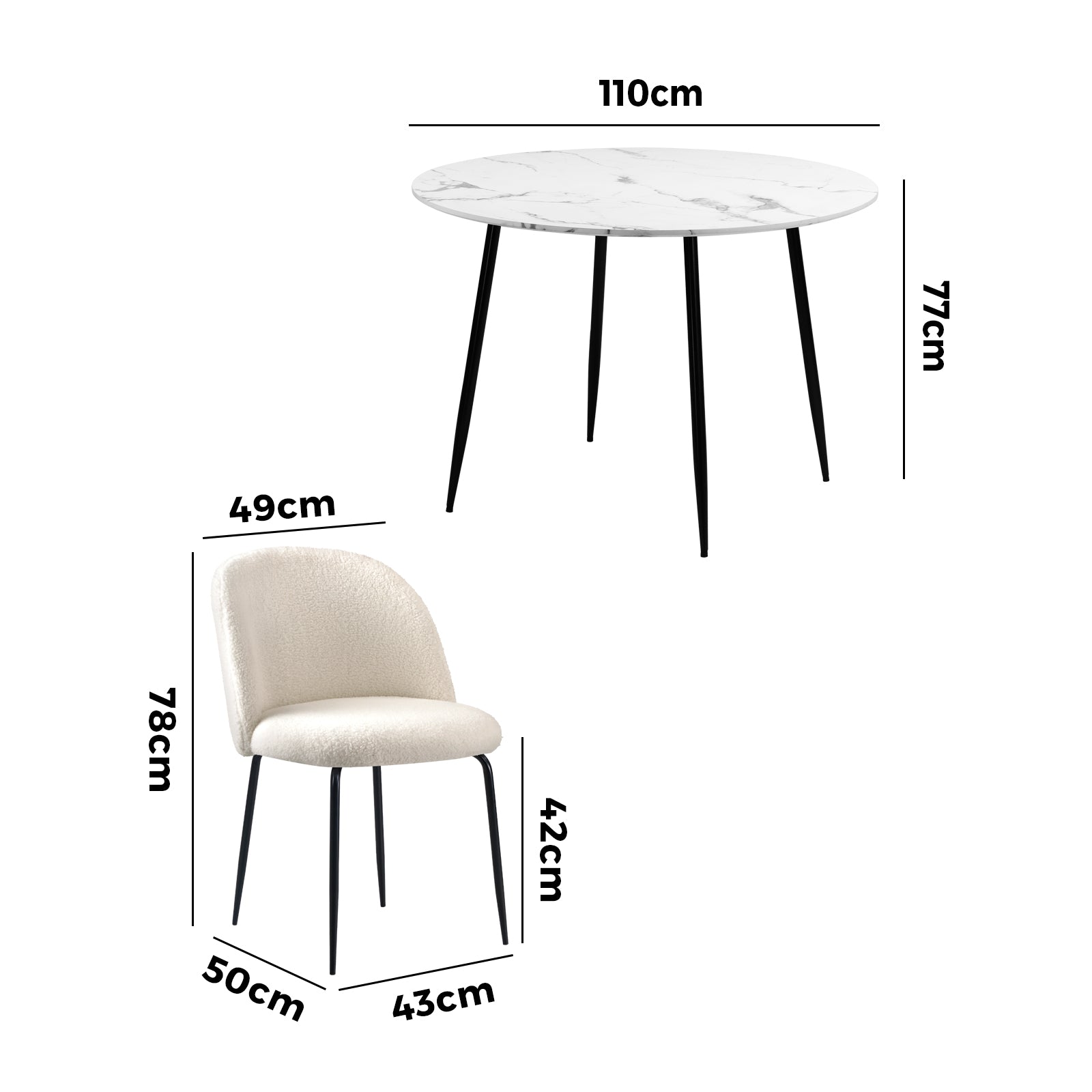 Oikiture 110cm Round Dining Table with 4PCS Dining Chairs White Sherpa - Sunyee