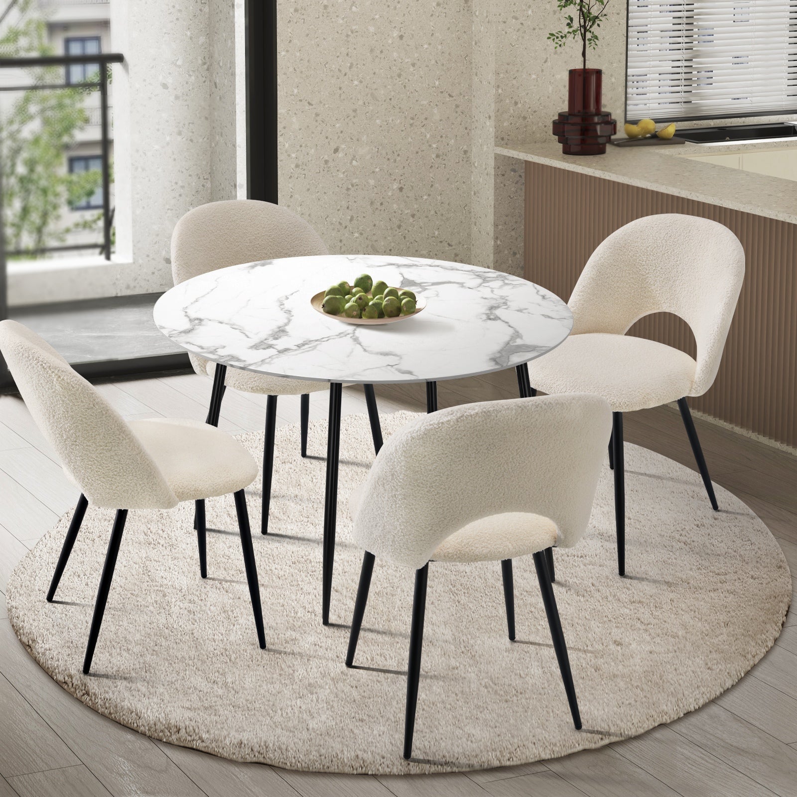 Oikiture 110cm Round Dining Table with 4PCS Dining Chairs White Sherpa - Sunyee