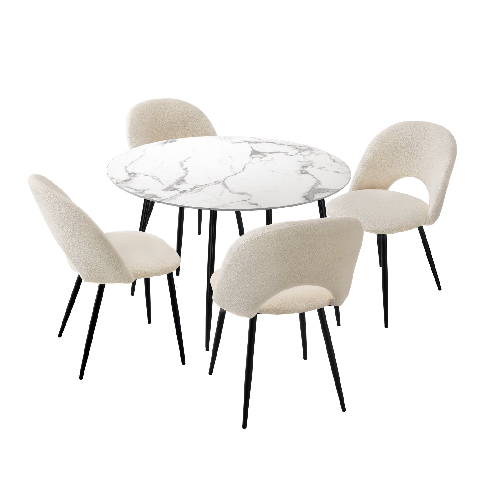 Oikiture 110cm Round Dining Table with 4PCS Dining Chairs White Sherpa - Sunyee