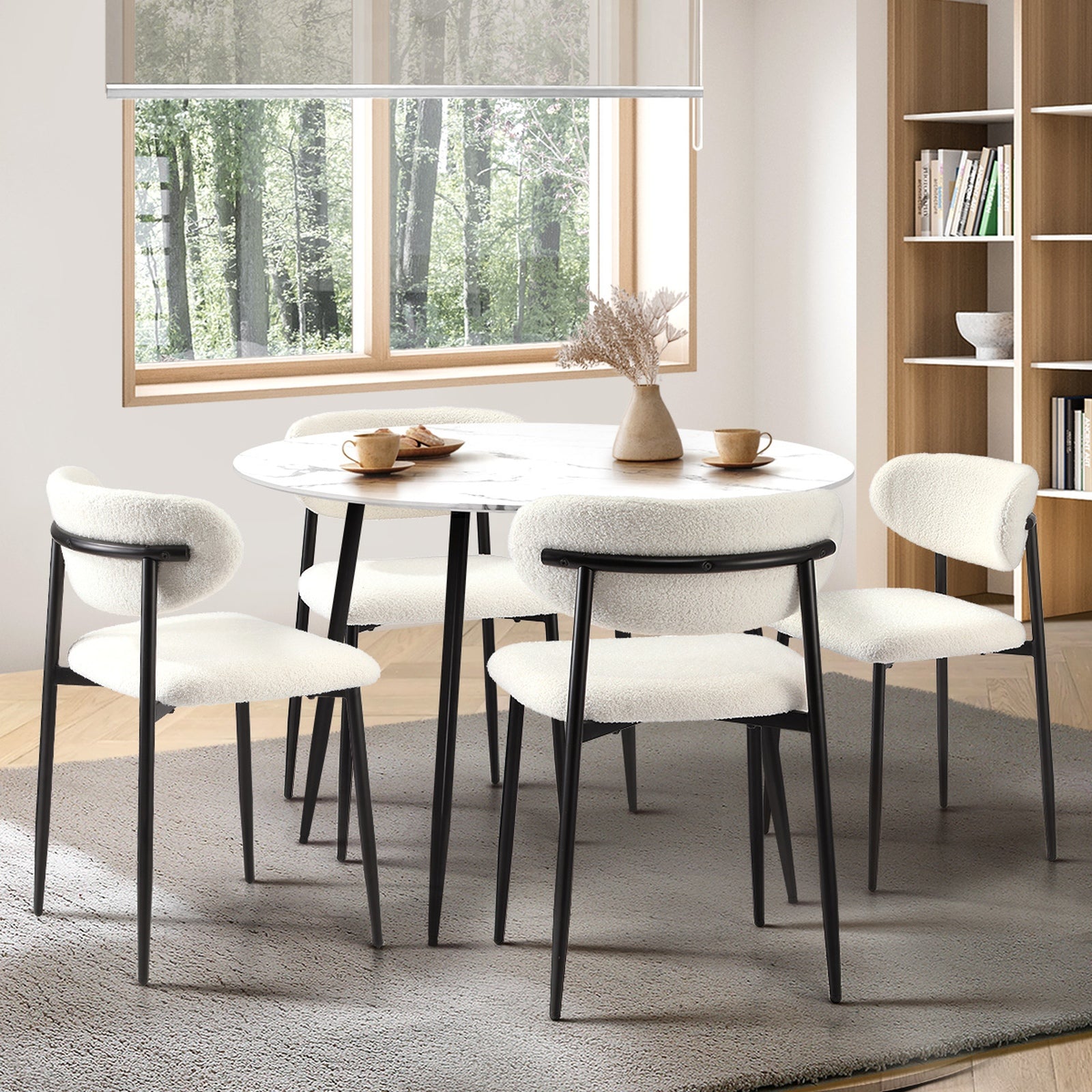 Oikiture 110cm Round Dining Table with 4x Dining Chairs Boucle Black&White - Sunyee