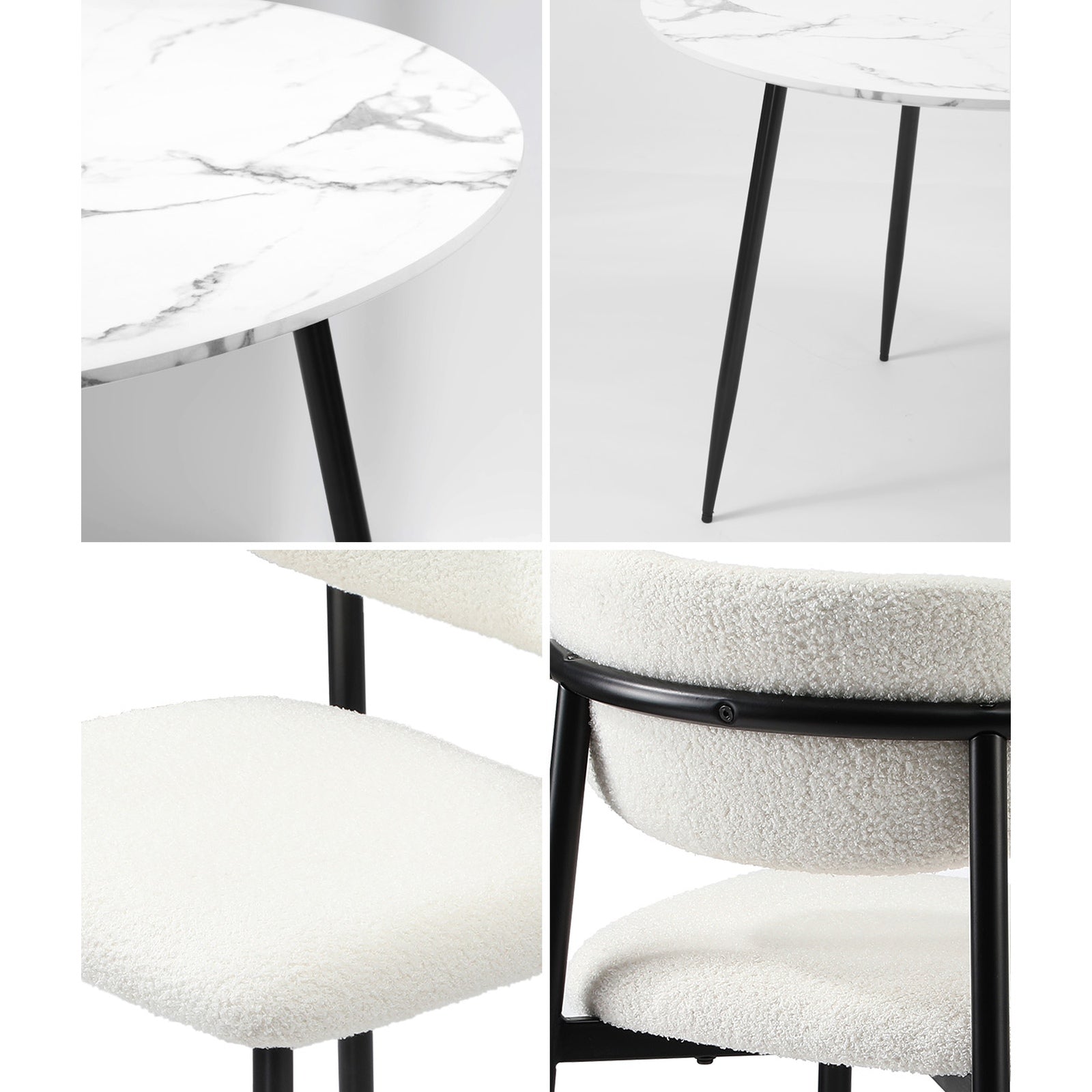 Oikiture 110cm Round Dining Table with 4x Dining Chairs Boucle Black&White - Sunyee