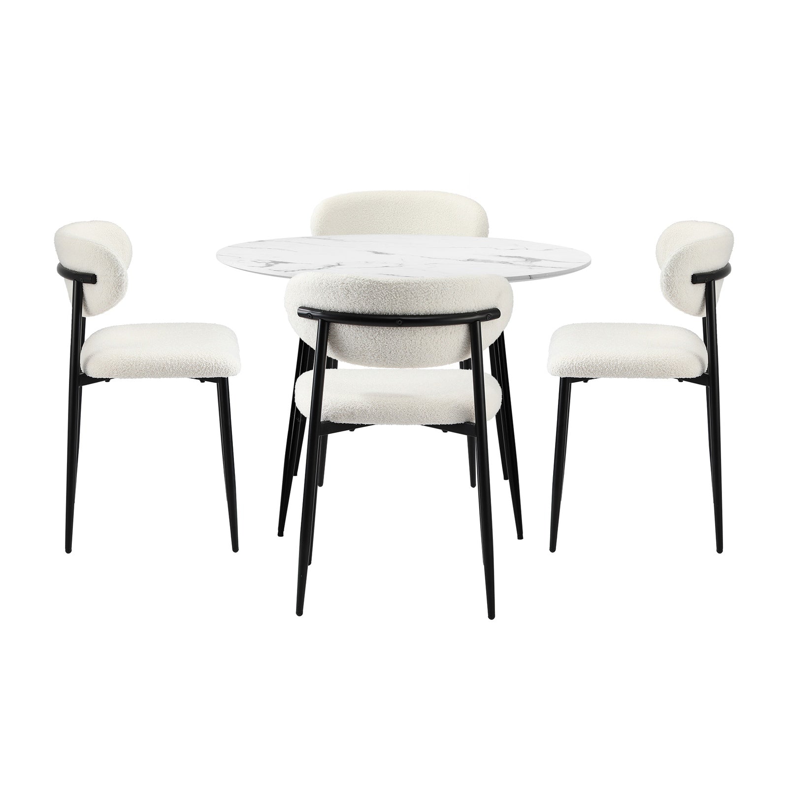 Oikiture 110cm Round Dining Table with 4x Dining Chairs Boucle Black&White - Sunyee