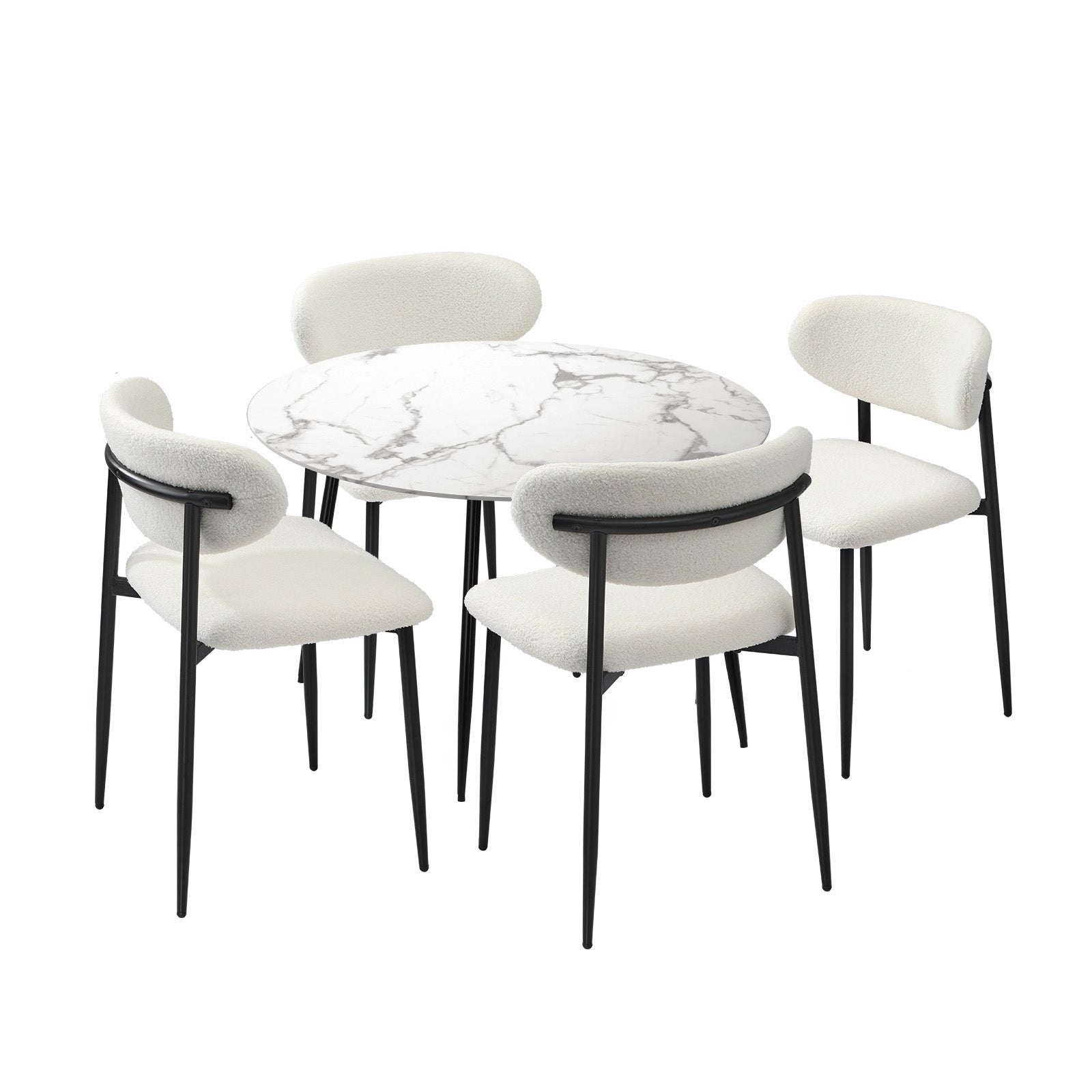 Oikiture 110cm Round Dining Table with 4x Dining Chairs Boucle Black&White - Sunyee