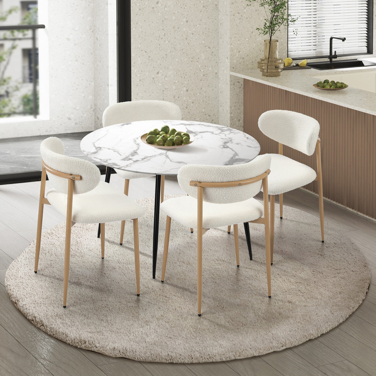 Oikiture 110cm Round Dining Table with 4x Dining Chairs Boucle White - Sunyee