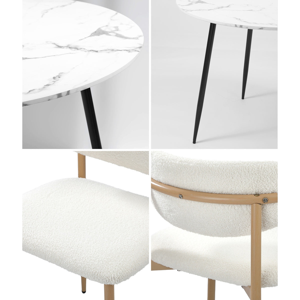 Oikiture 110cm Round Dining Table with 4x Dining Chairs Boucle White - Sunyee