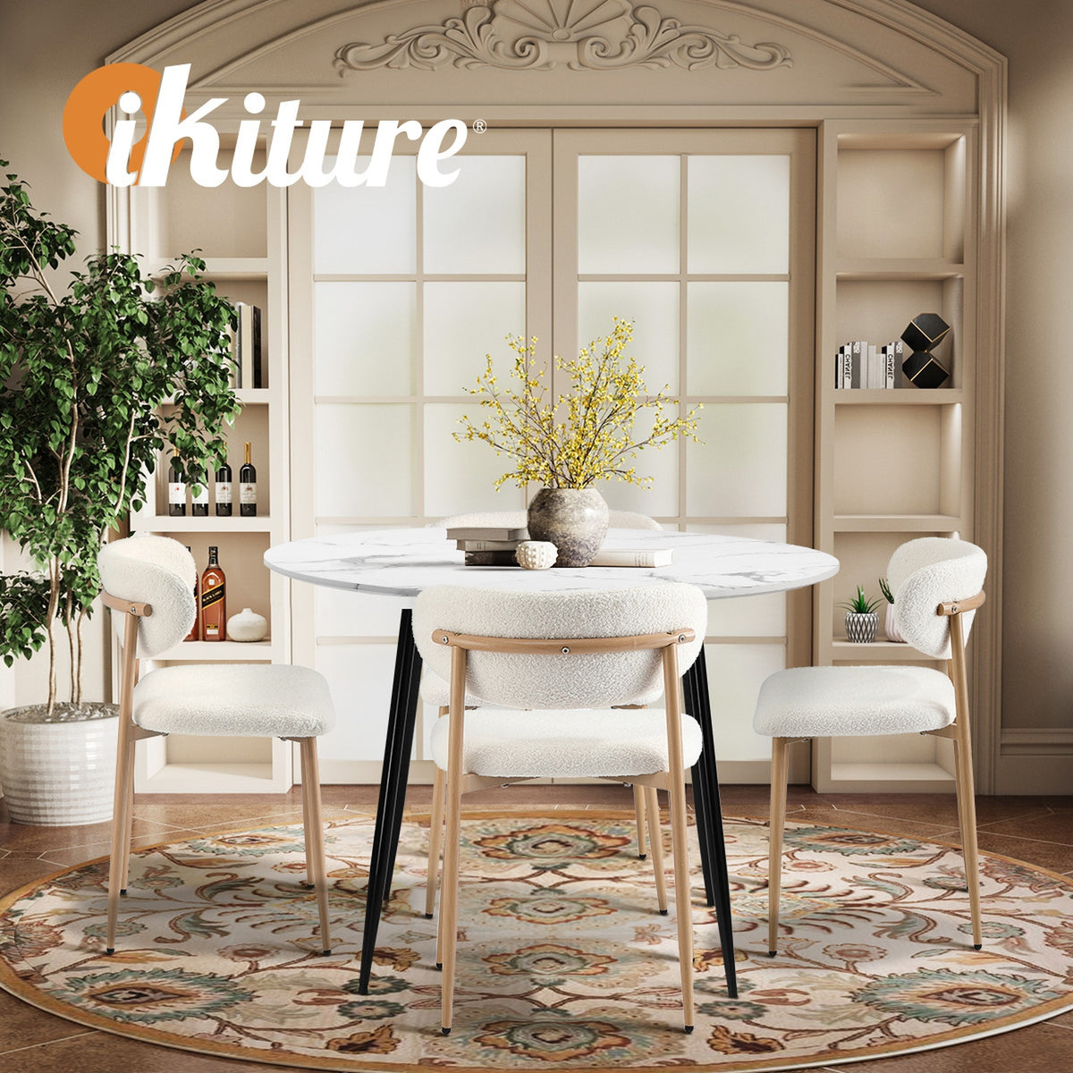 Oikiture 110cm Round Dining Table with 4x Dining Chairs Boucle White - Sunyee