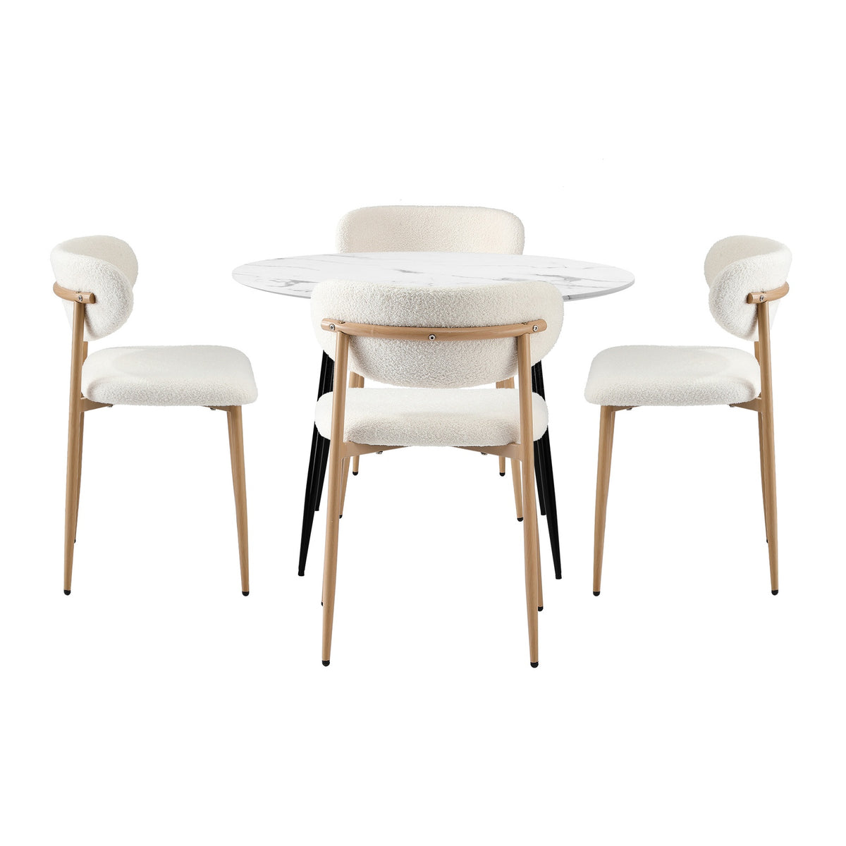 Oikiture 110cm Round Dining Table with 4x Dining Chairs Boucle White - Sunyee