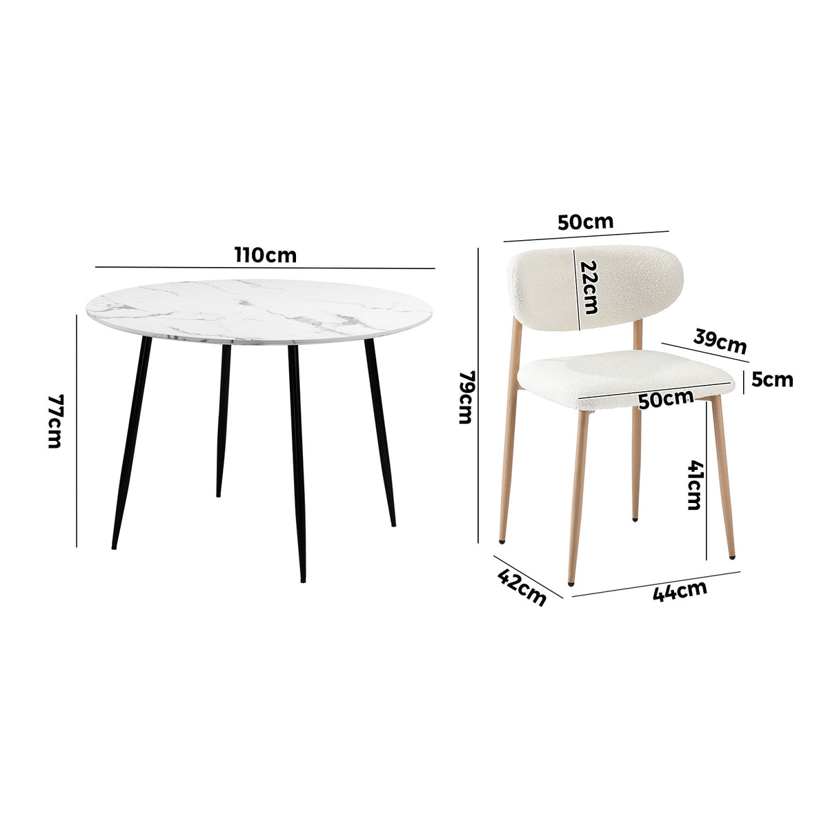 Oikiture 110cm Round Dining Table with 4x Dining Chairs Boucle White - Sunyee