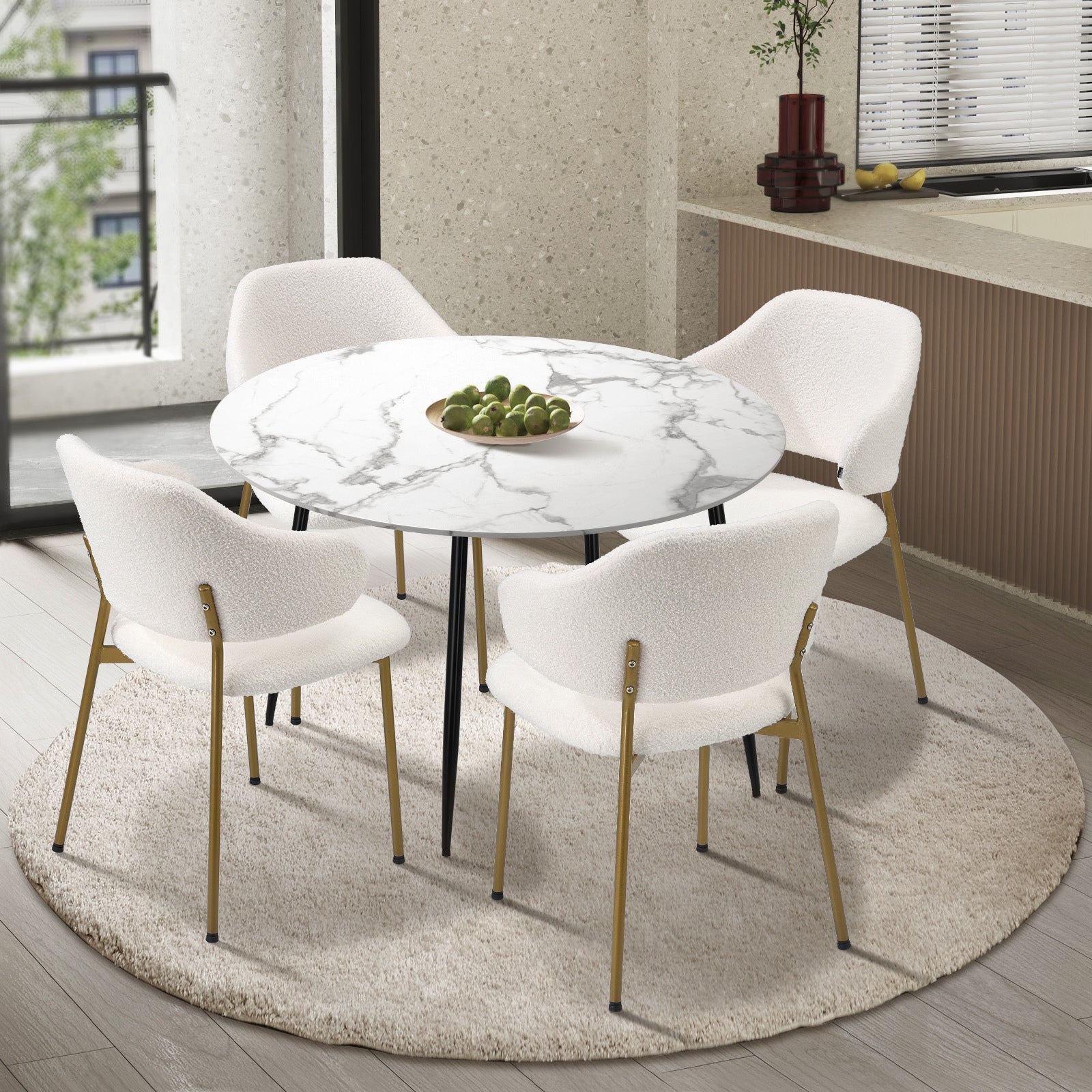 Oikiture 110cm Round Dining Table with 4PCS Dining Chairs Accent Sherpa Gold - Sunyee