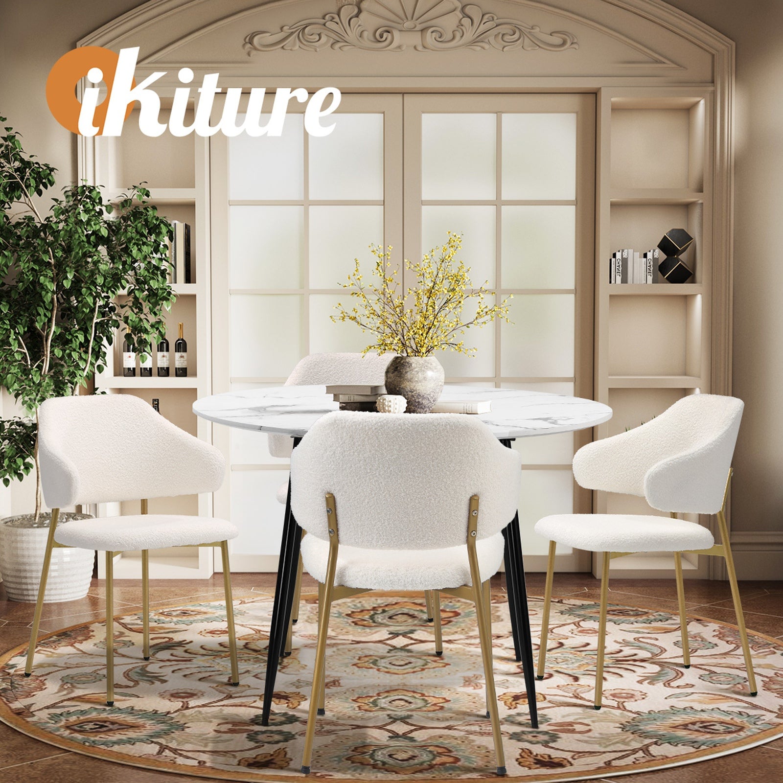 Oikiture 110cm Round Dining Table with 4PCS Dining Chairs Accent Sherpa Gold - Sunyee