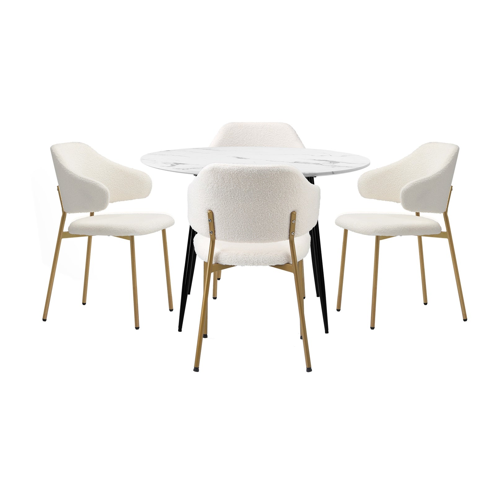 Oikiture 110cm Round Dining Table with 4PCS Dining Chairs Accent Sherpa Gold - Sunyee