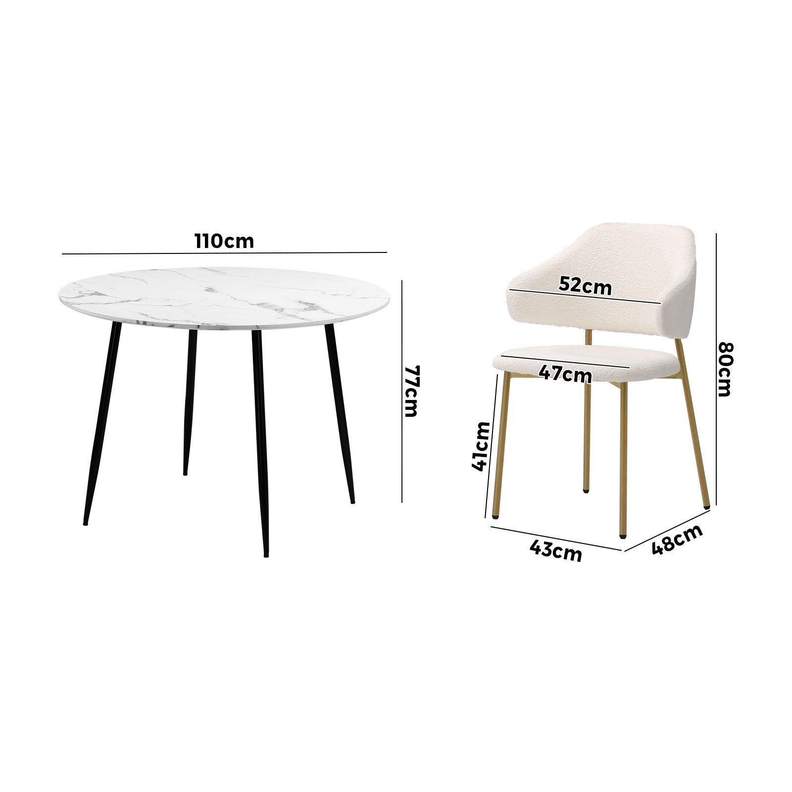 Oikiture 110cm Round Dining Table with 4PCS Dining Chairs Accent Sherpa Gold - Sunyee