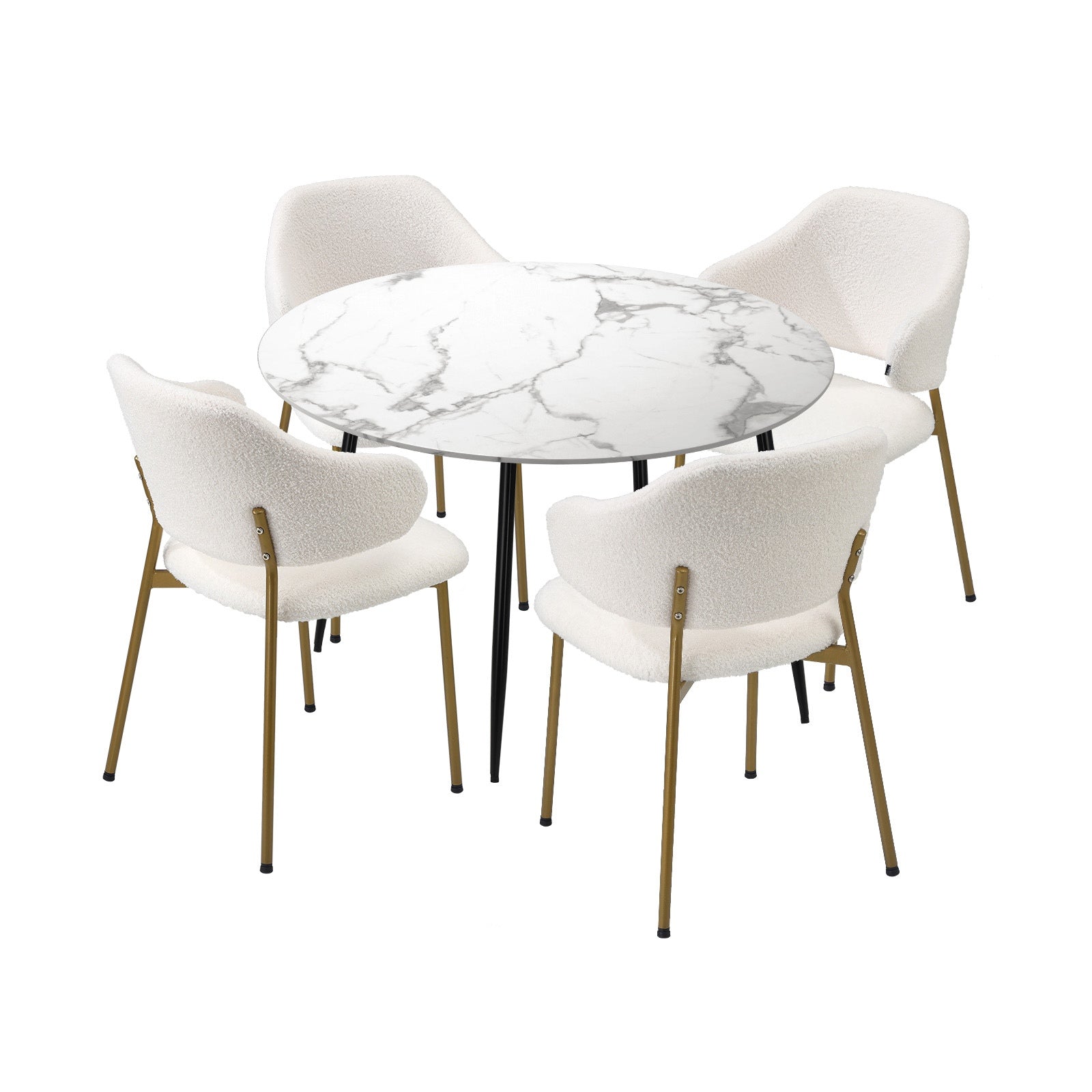 Oikiture 110cm Round Dining Table with 4PCS Dining Chairs Accent Sherpa Gold - Sunyee
