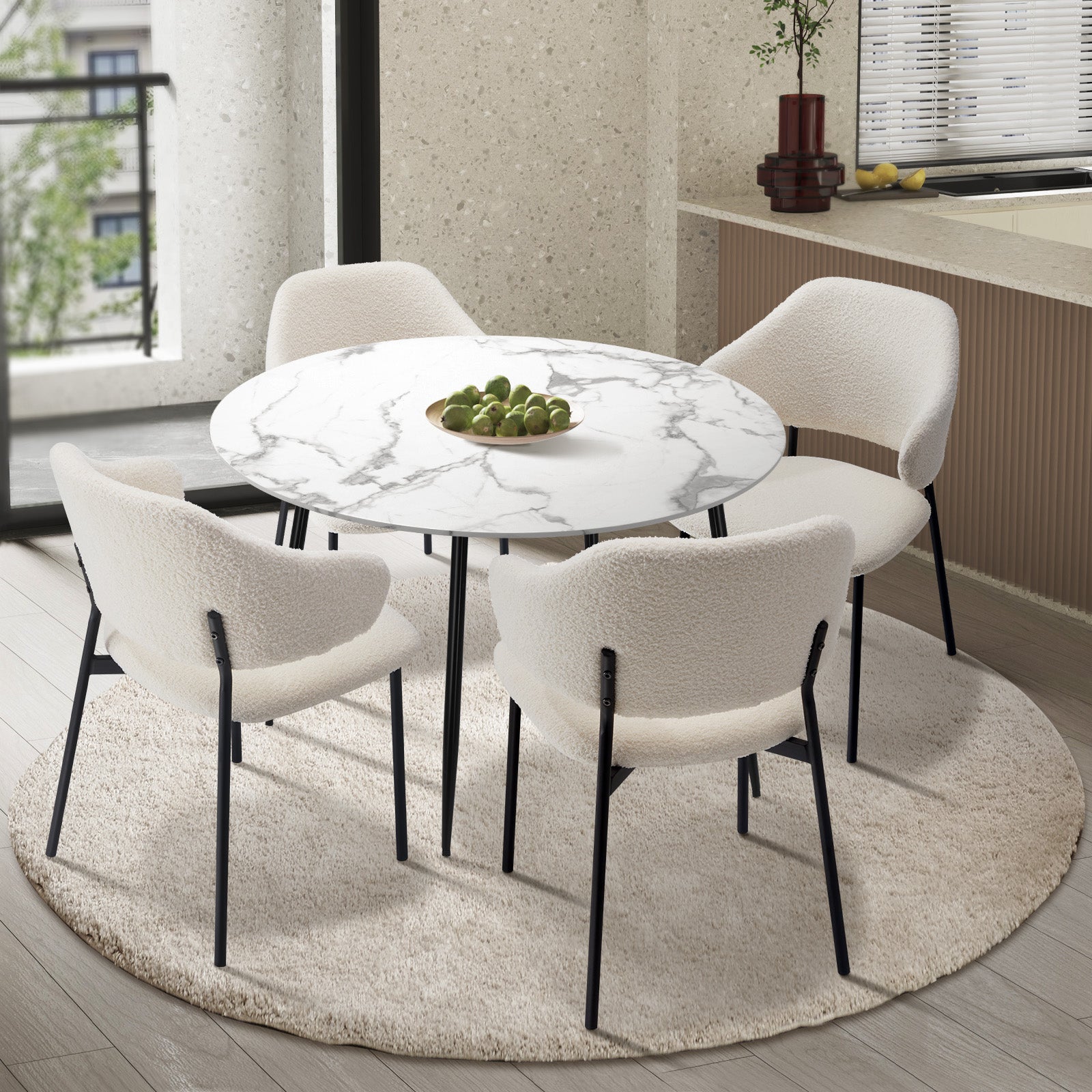 Oikiture 110cm Round Dining Table with 4PCS Dining Chairs Accent Sherpa White - Sunyee