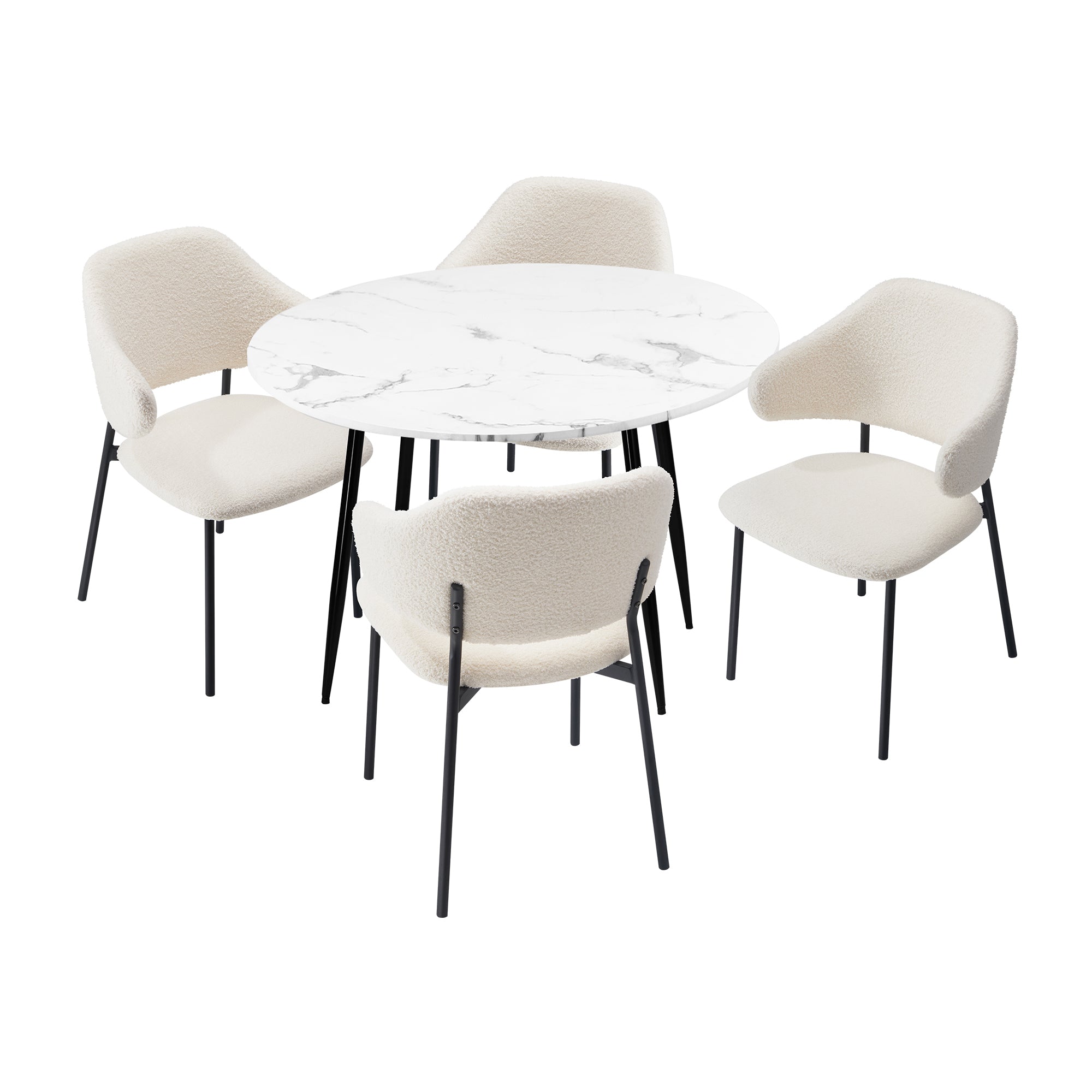 Oikiture 110cm Round Dining Table with 4PCS Dining Chairs Accent Sherpa White - Sunyee