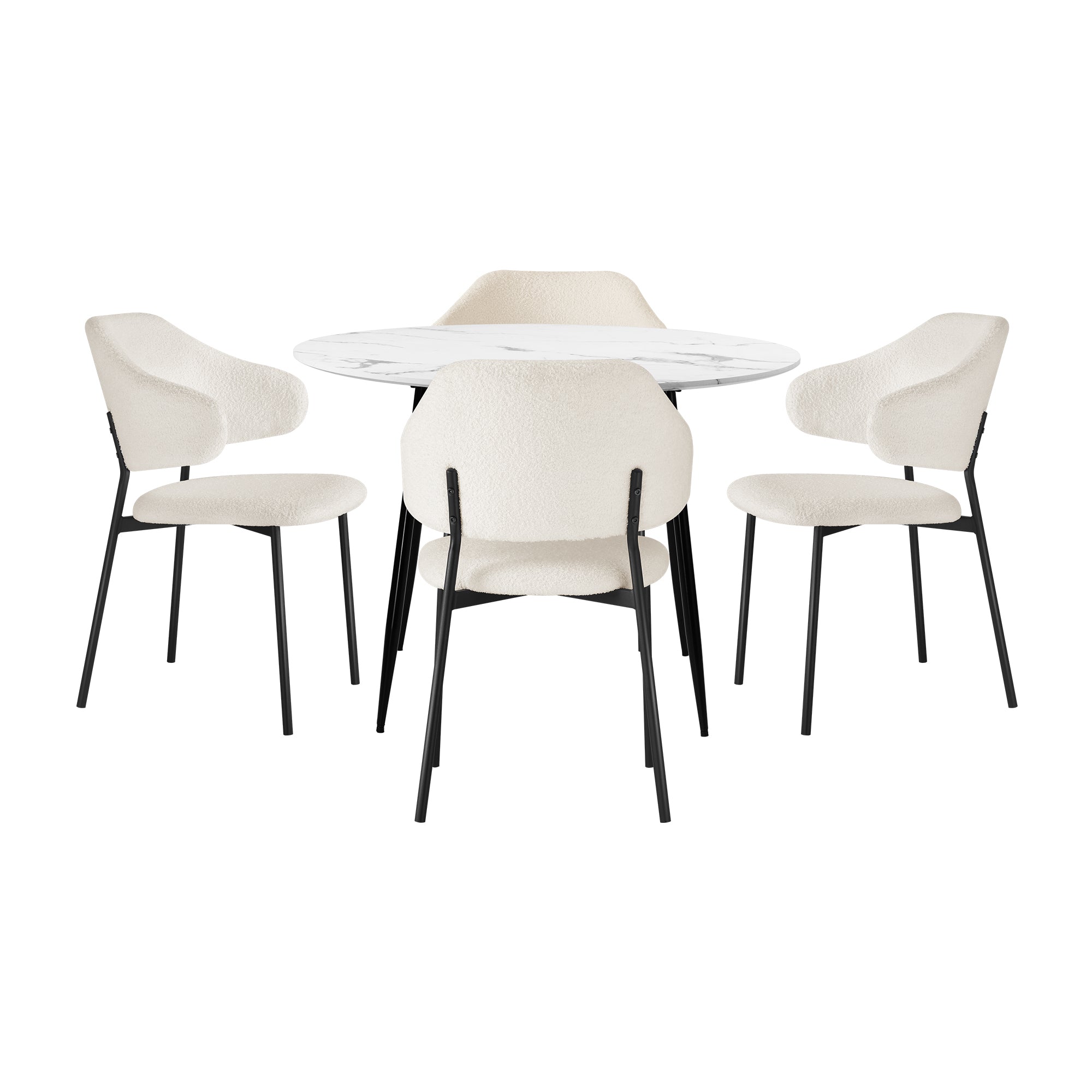 Oikiture 110cm Round Dining Table with 4PCS Dining Chairs Accent Sherpa White - Sunyee