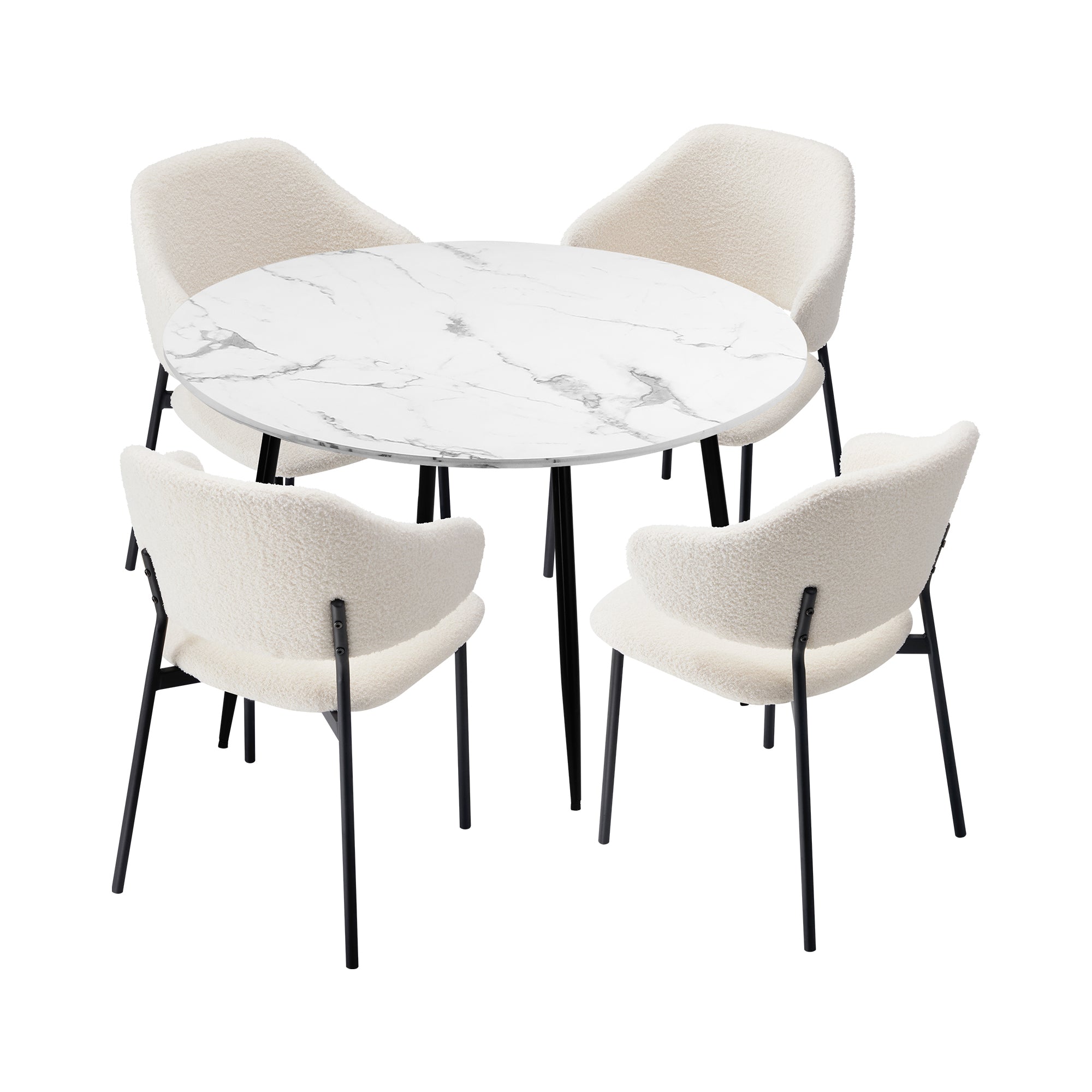 Oikiture 110cm Round Dining Table with 4PCS Dining Chairs Accent Sherpa White - Sunyee