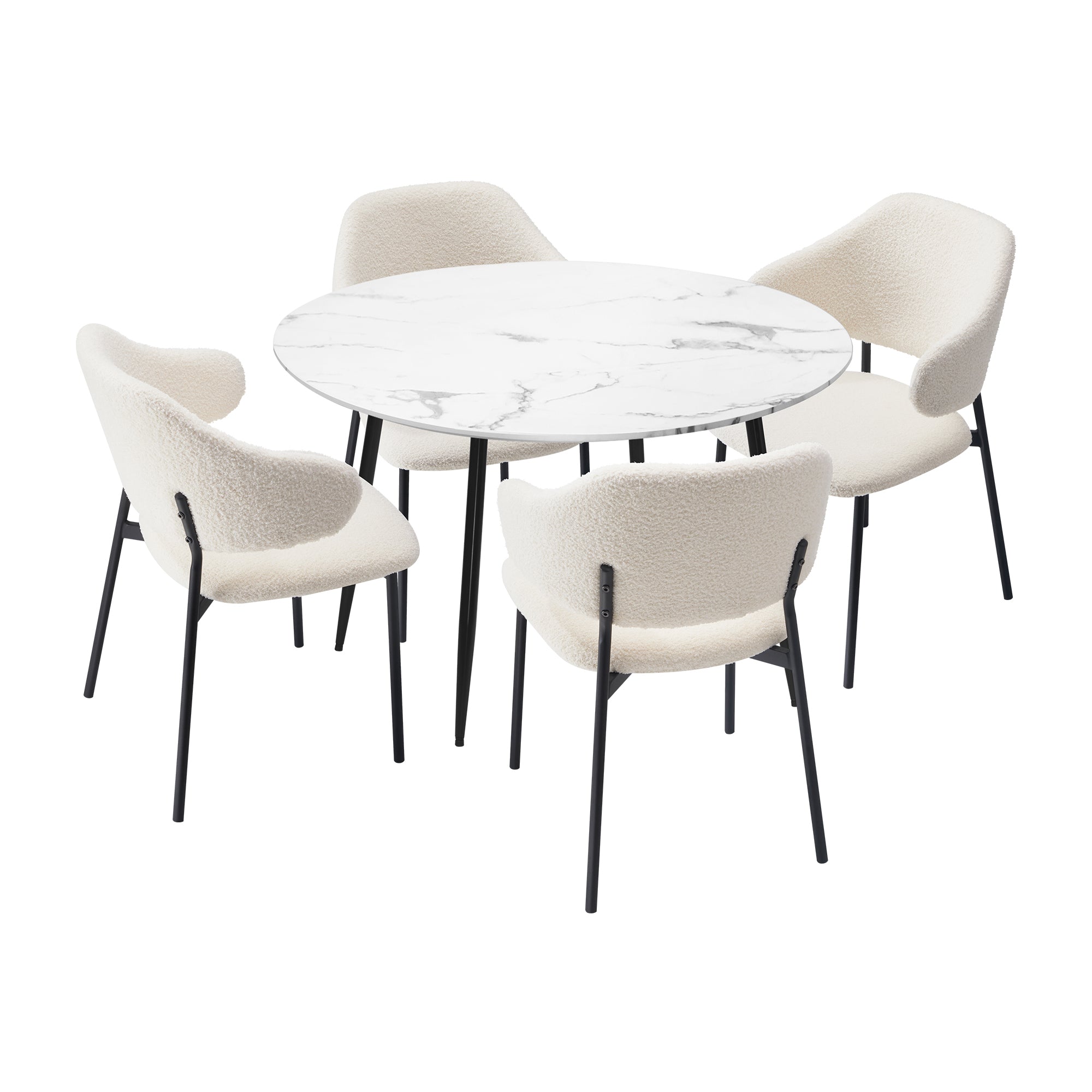 Oikiture 110cm Round Dining Table with 4PCS Dining Chairs Accent Sherpa White - Sunyee