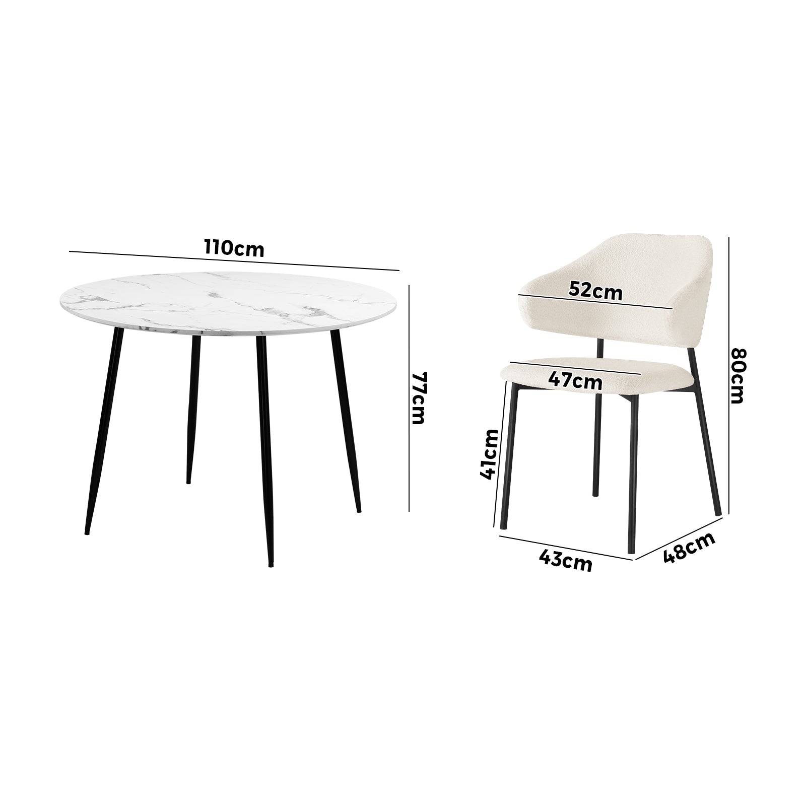 Oikiture 110cm Round Dining Table with 4PCS Dining Chairs Accent Sherpa White - Sunyee