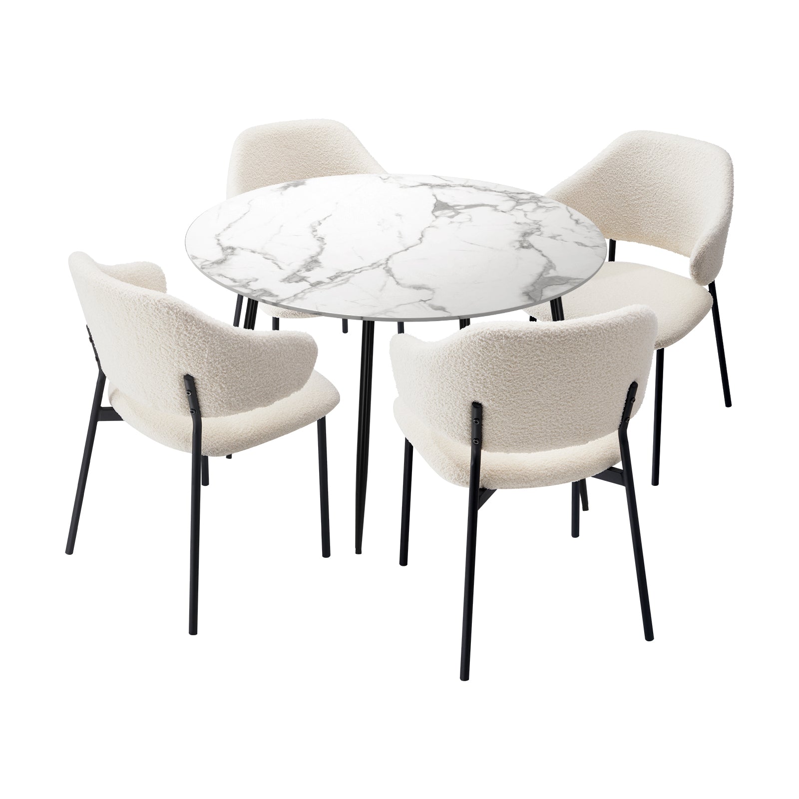 Oikiture 110cm Round Dining Table with 4PCS Dining Chairs Accent Sherpa White - Sunyee