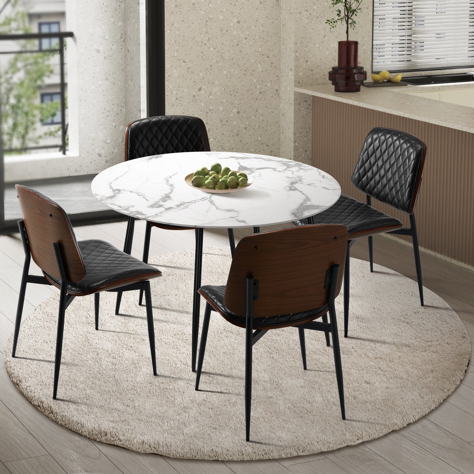 Oikiture 110cm Round Dining Table with 4PCS Dining Chairs PU Black - Sunyee