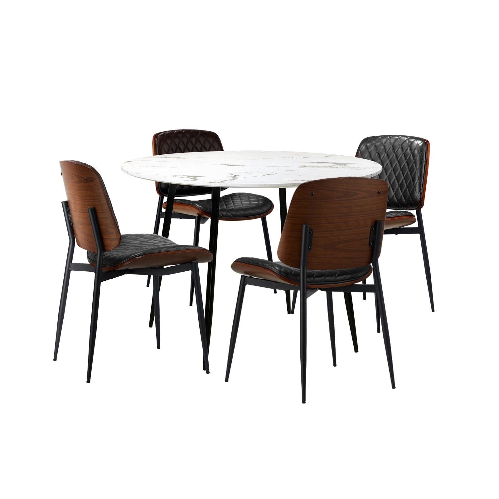 Oikiture 110cm Round Dining Table with 4PCS Dining Chairs PU Black - Sunyee