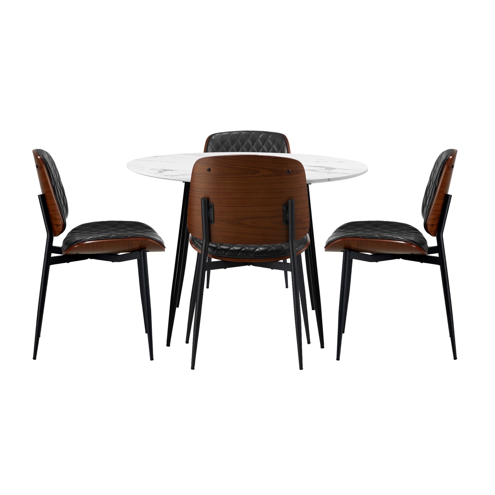 Oikiture 110cm Round Dining Table with 4PCS Dining Chairs PU Black - Sunyee