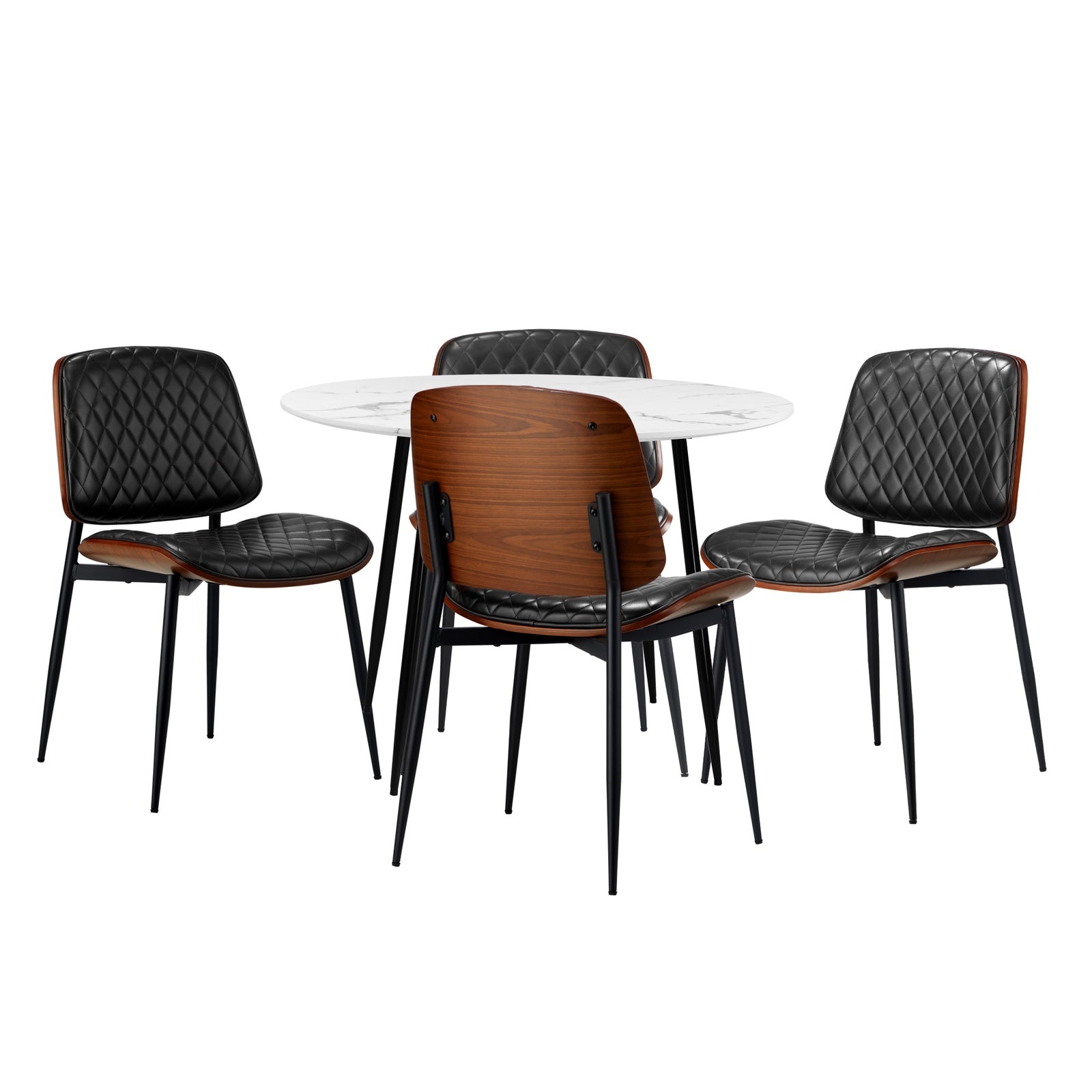 Oikiture 110cm Round Dining Table with 4PCS Dining Chairs PU Black - Sunyee