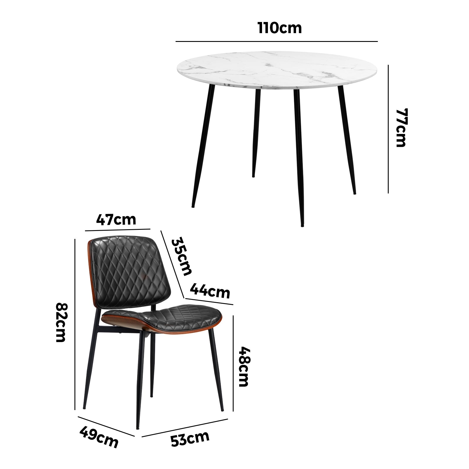 Oikiture 110cm Round Dining Table with 4PCS Dining Chairs PU Black - Sunyee
