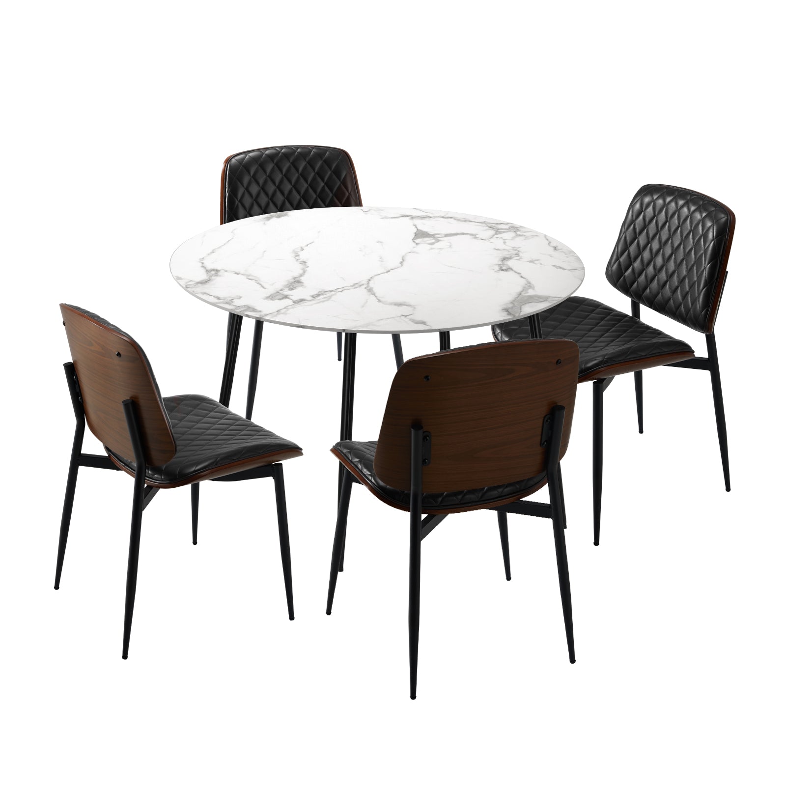 Oikiture 110cm Round Dining Table with 4PCS Dining Chairs PU Black - Sunyee