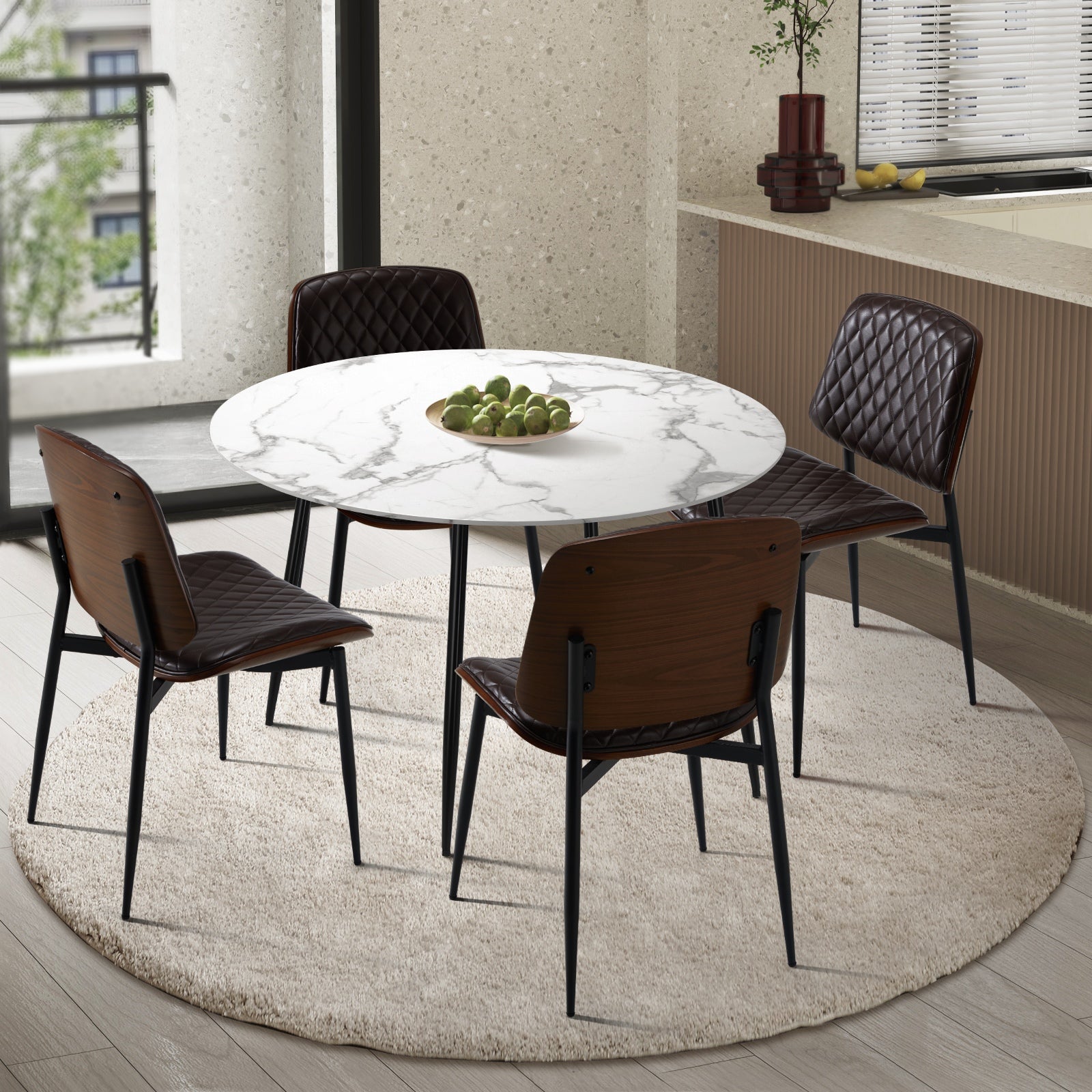 Oikiture 110cm Round Dining Table with 4PCS Dining Chairs PU Walnut - Sunyee