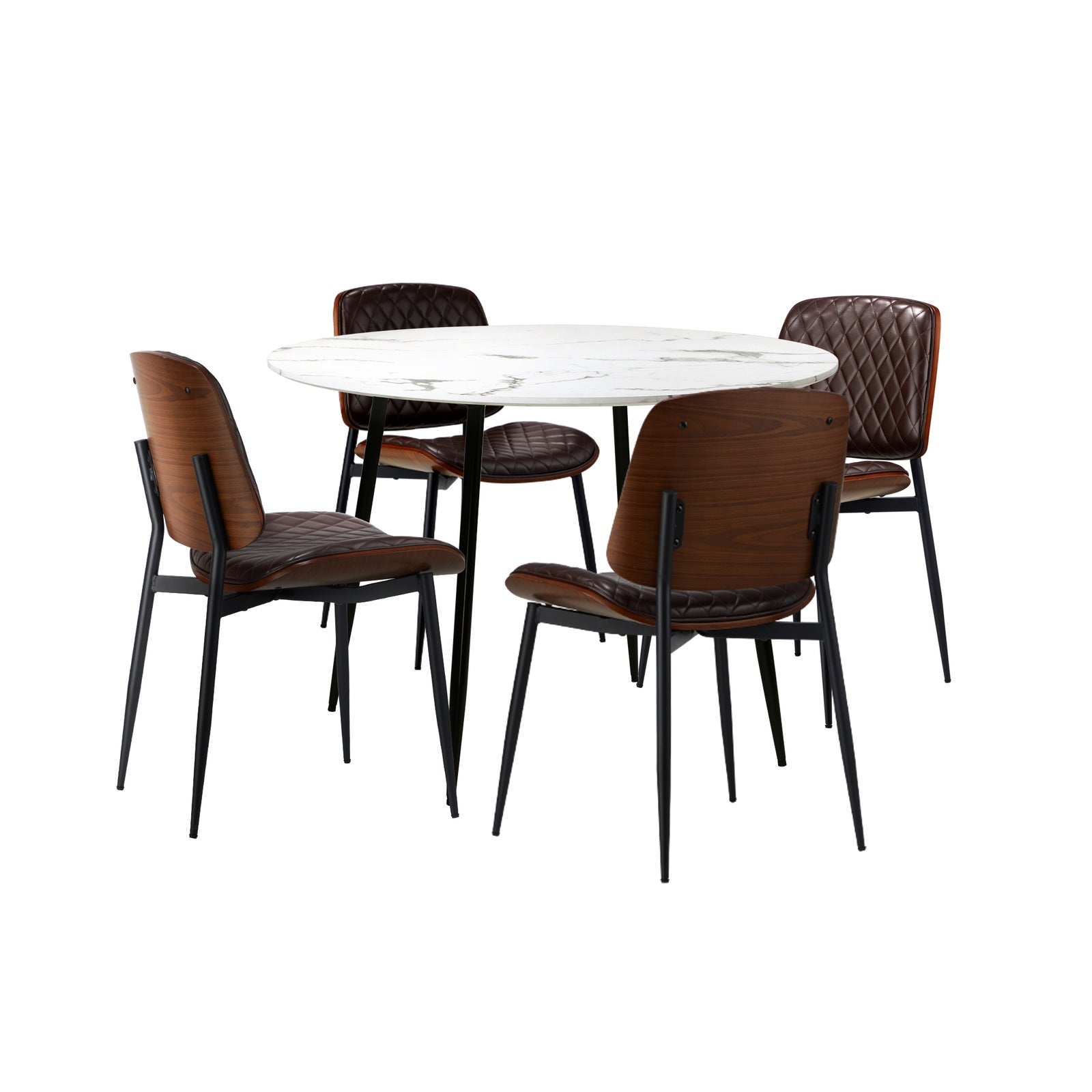 Oikiture 110cm Round Dining Table with 4PCS Dining Chairs PU Walnut - Sunyee