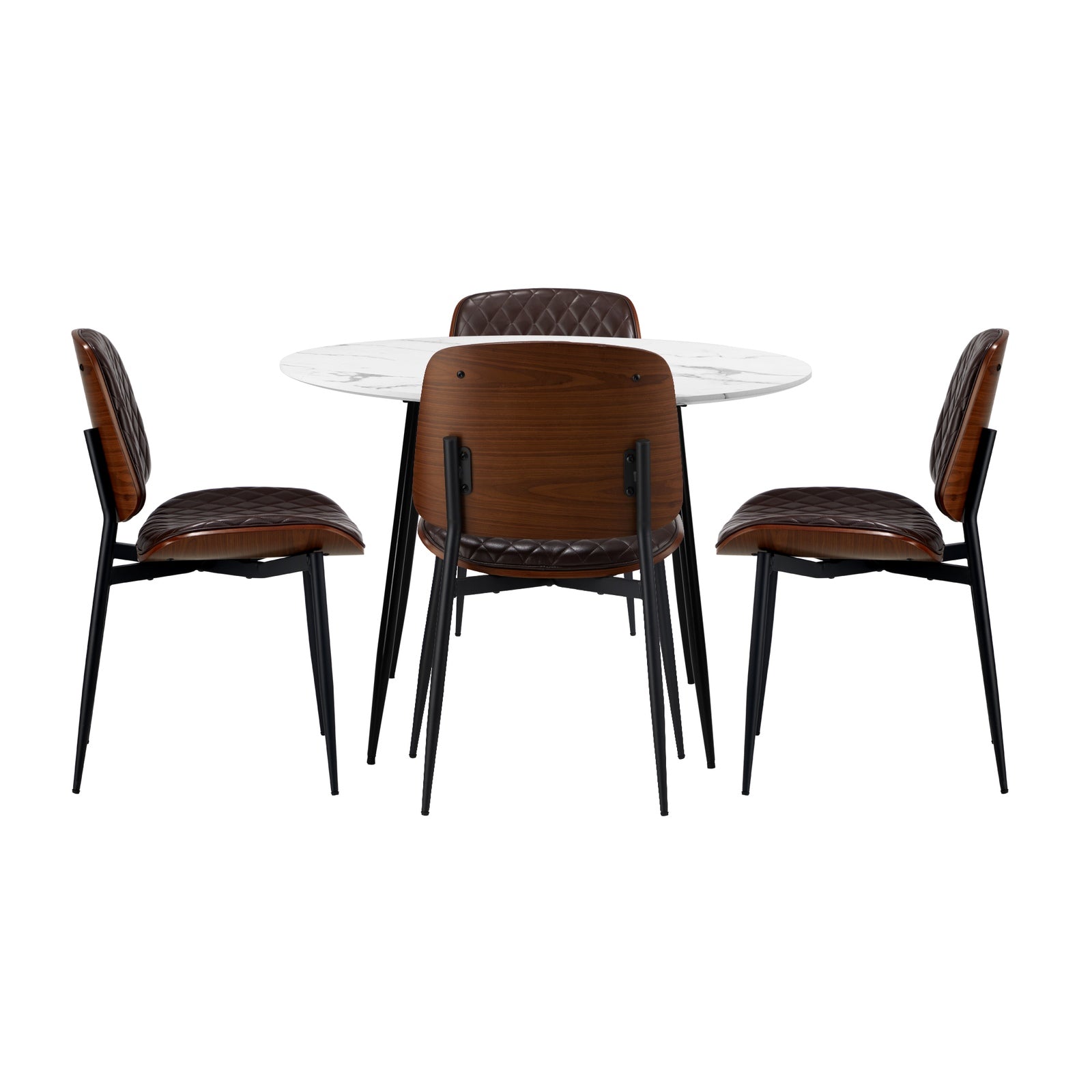 Oikiture 110cm Round Dining Table with 4PCS Dining Chairs PU Walnut - Sunyee