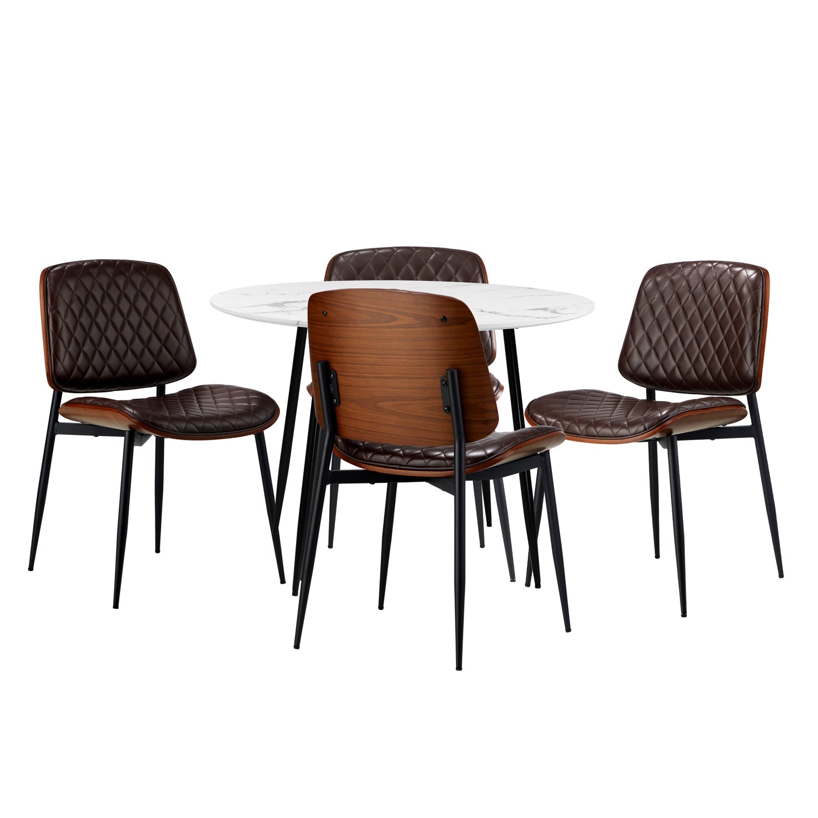 Oikiture 110cm Round Dining Table with 4PCS Dining Chairs PU Walnut - Sunyee