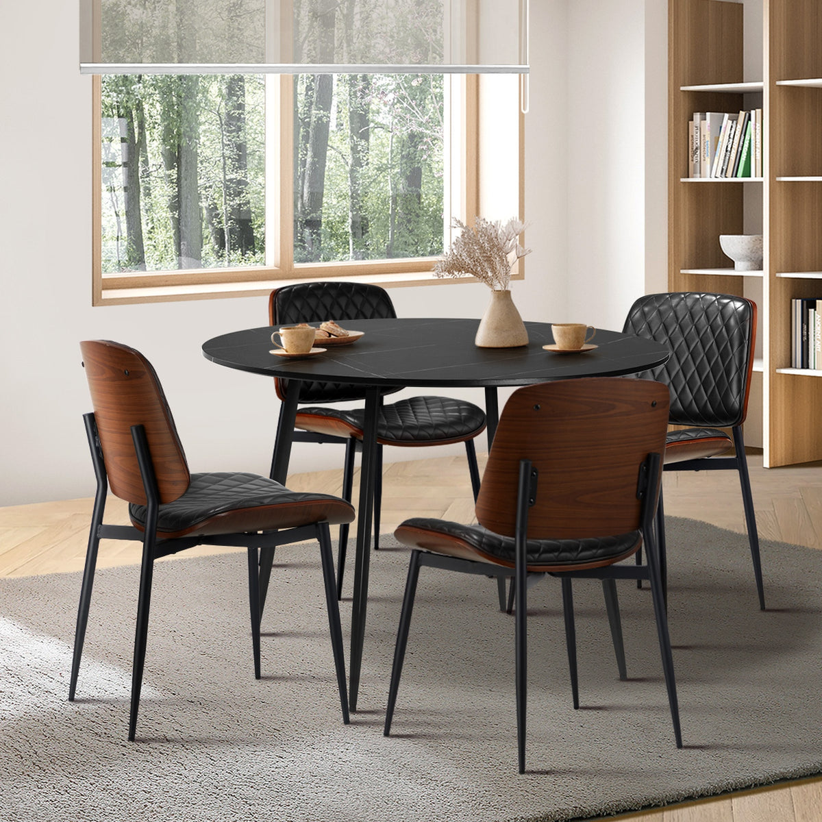 Oikiture 110cm Round Dining Table with 4PCS Dining Chairs Solid Wooden Black - Sunyee