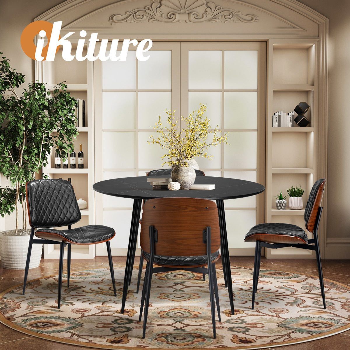 Oikiture 110cm Round Dining Table with 4PCS Dining Chairs Solid Wooden Black - Sunyee