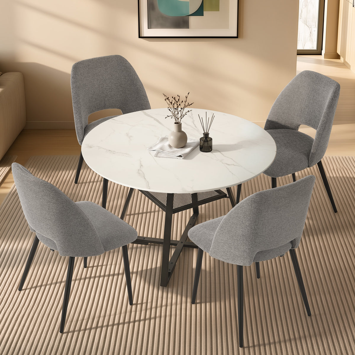 Oikiture 5PCS Dining Table Set Round Marble-Look Table and Chairs Grey Fabric - Sunyee