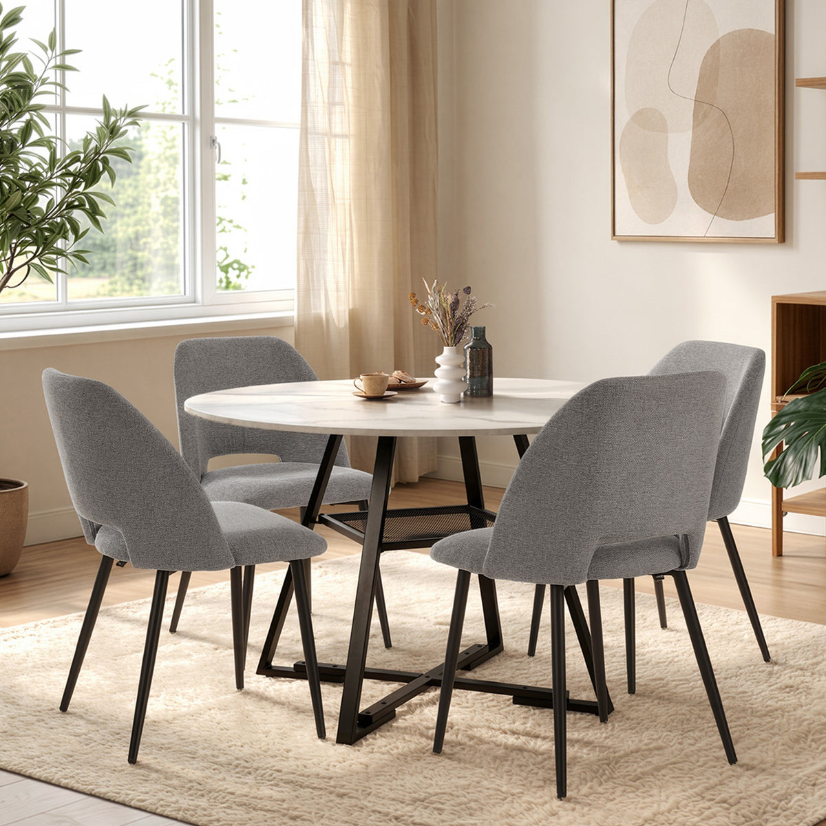 Oikiture 5PCS Dining Table Set Round Marble-Look Table and Chairs Grey Fabric - Sunyee