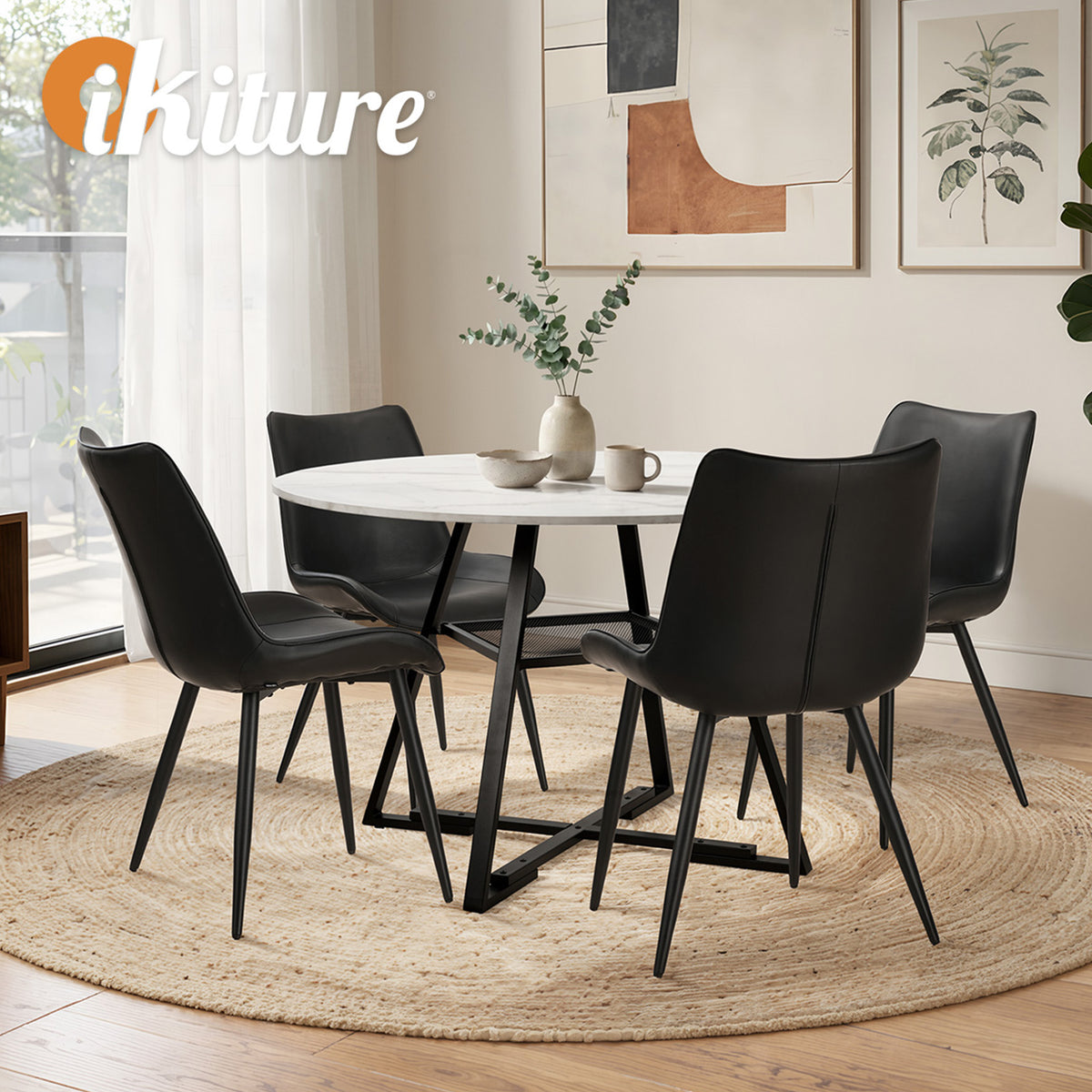 Oikiture 5PCS Dining Table Set Round Marble-Look Table and Chairs PU Leather - Sunyee