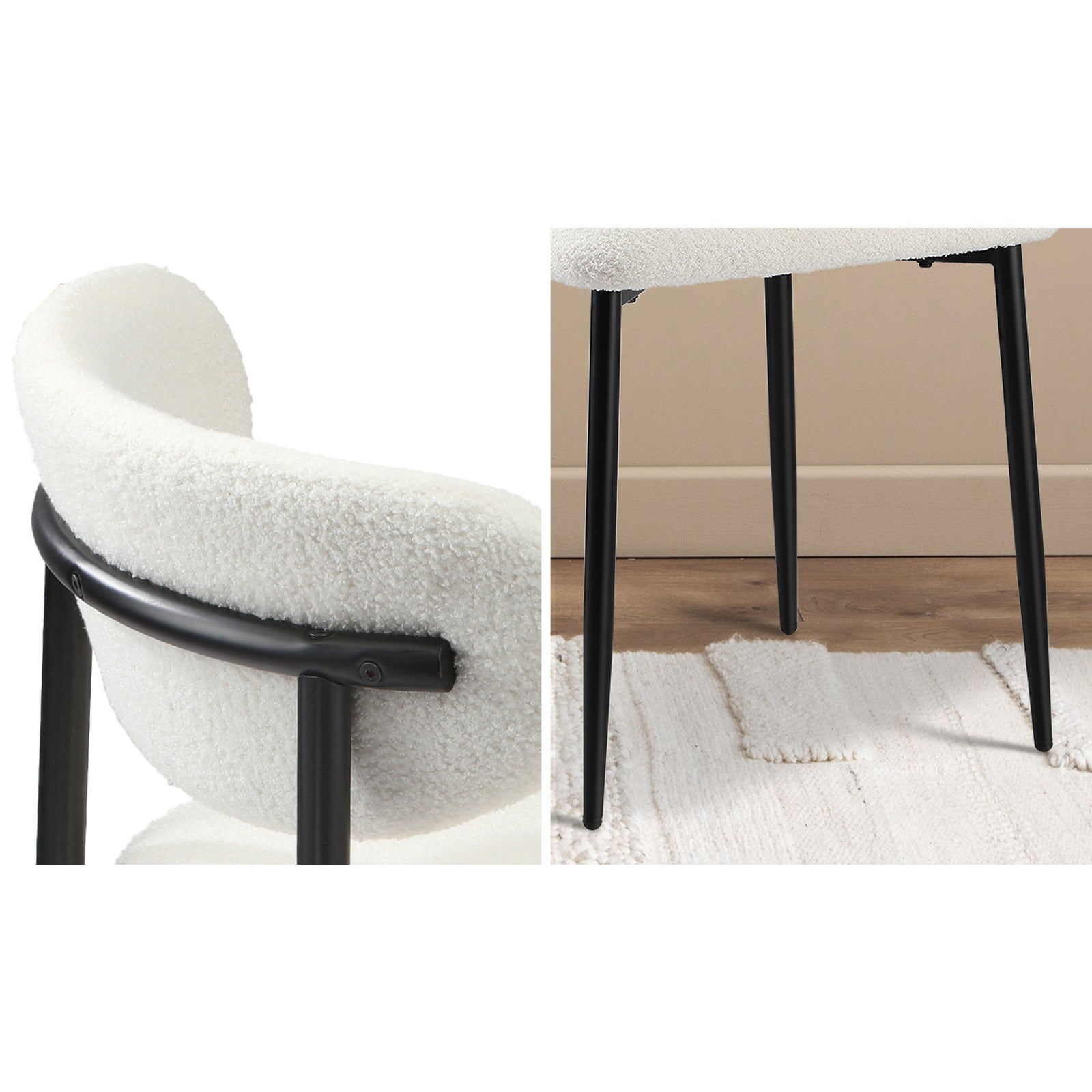 Oikiture 90cm Round Dining Table with 4x Dining Chairs Boucle Black&White - Sunyee